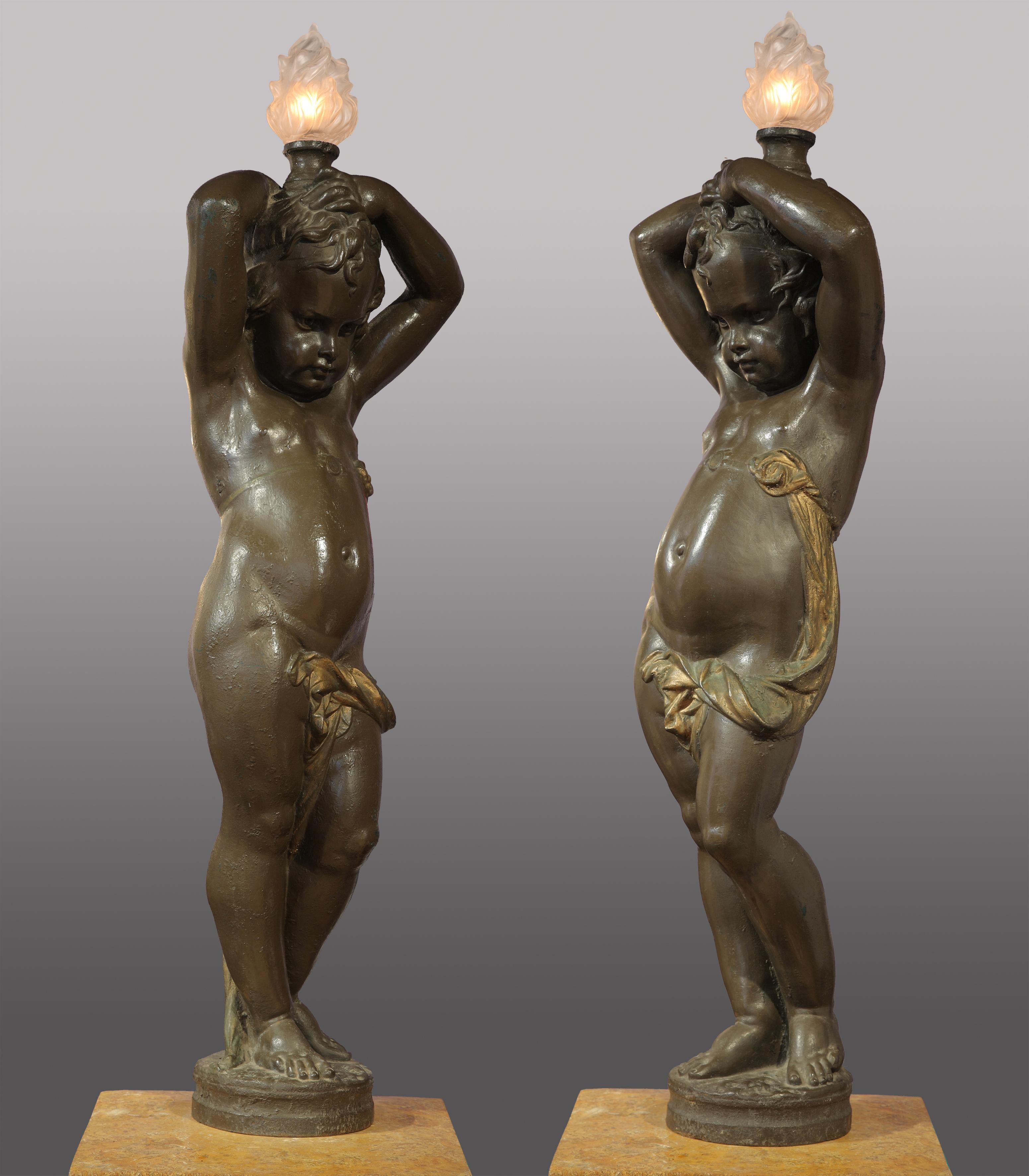 French Pair of Putti Torcheres by A. Durenne & A-E Carrier-Belleuse, France, Circa 1880