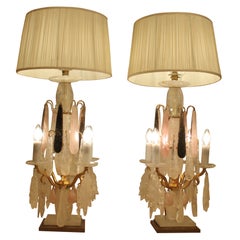Antique Beautiful Pair of Rose, Clear & Smoked Quartz Rock Crystal Table Lamps