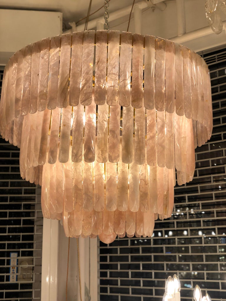 British Beautiful Pair of Rose Quartz Rock Crystal Chandeliers For Sale