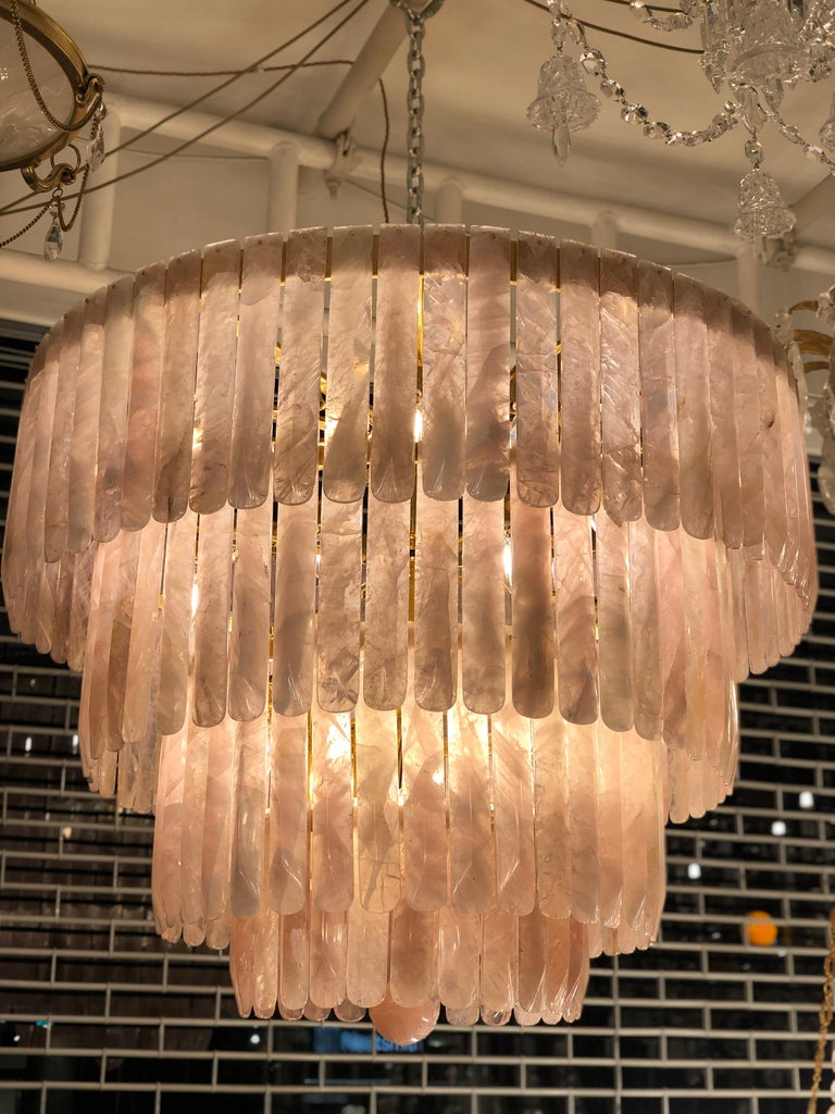 Contemporary Beautiful Pair of Rose Quartz Rock Crystal Chandeliers For Sale