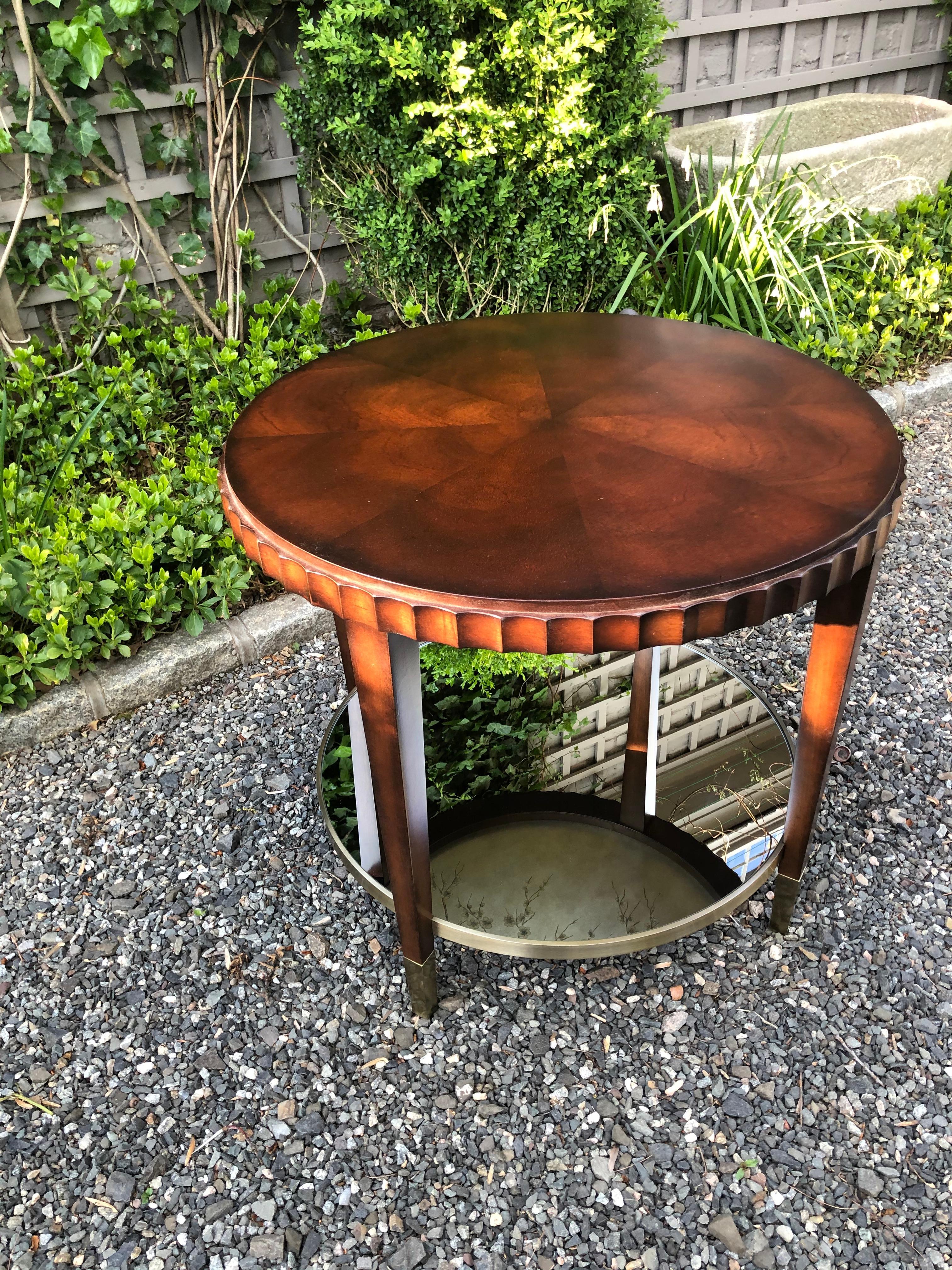 Beautiful Pair of Round Mahogany Side Tables with Mirrored Lower Tiers 5