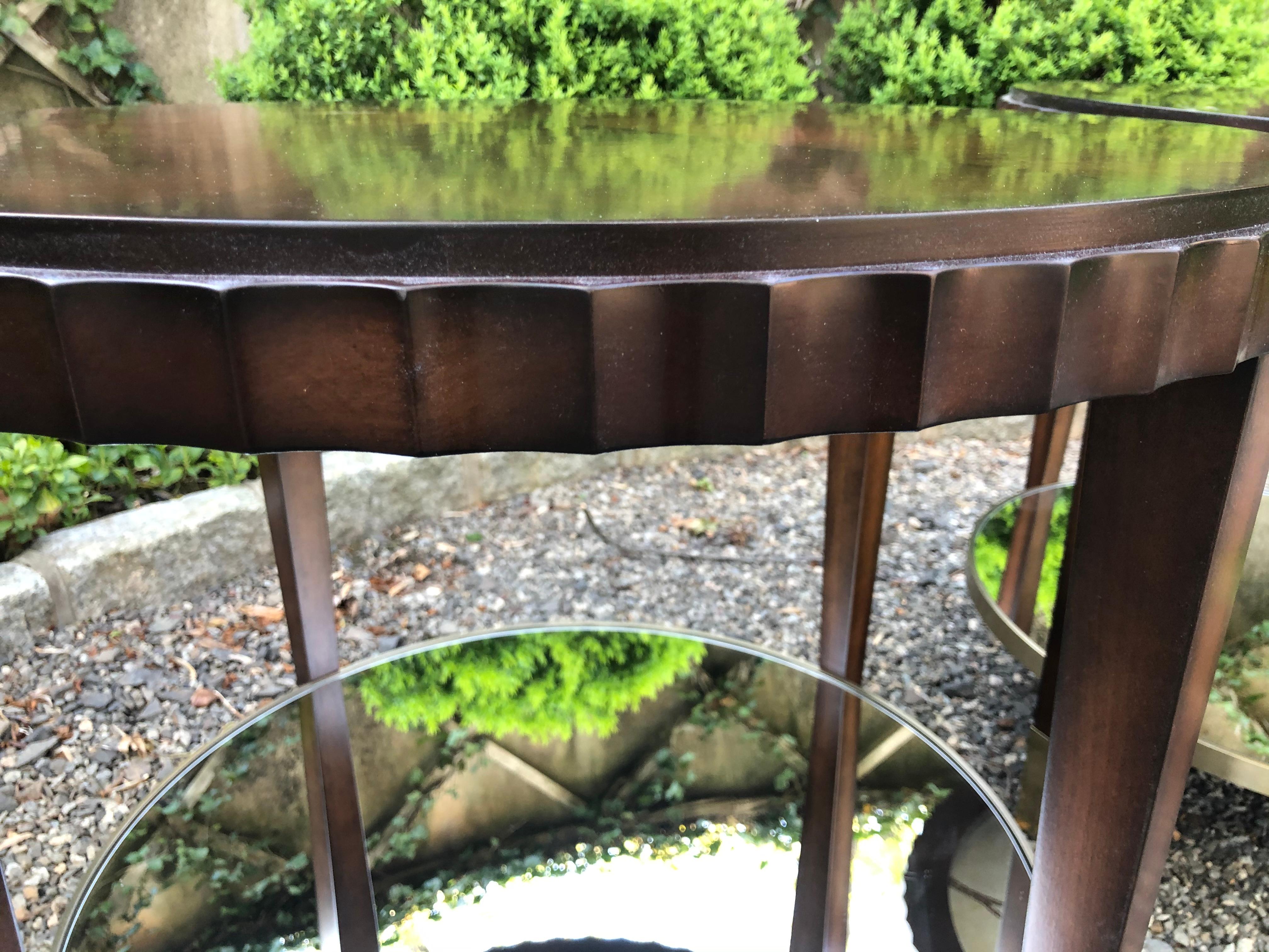 Contemporary Beautiful Pair of Round Mahogany Side Tables with Mirrored Lower Tiers