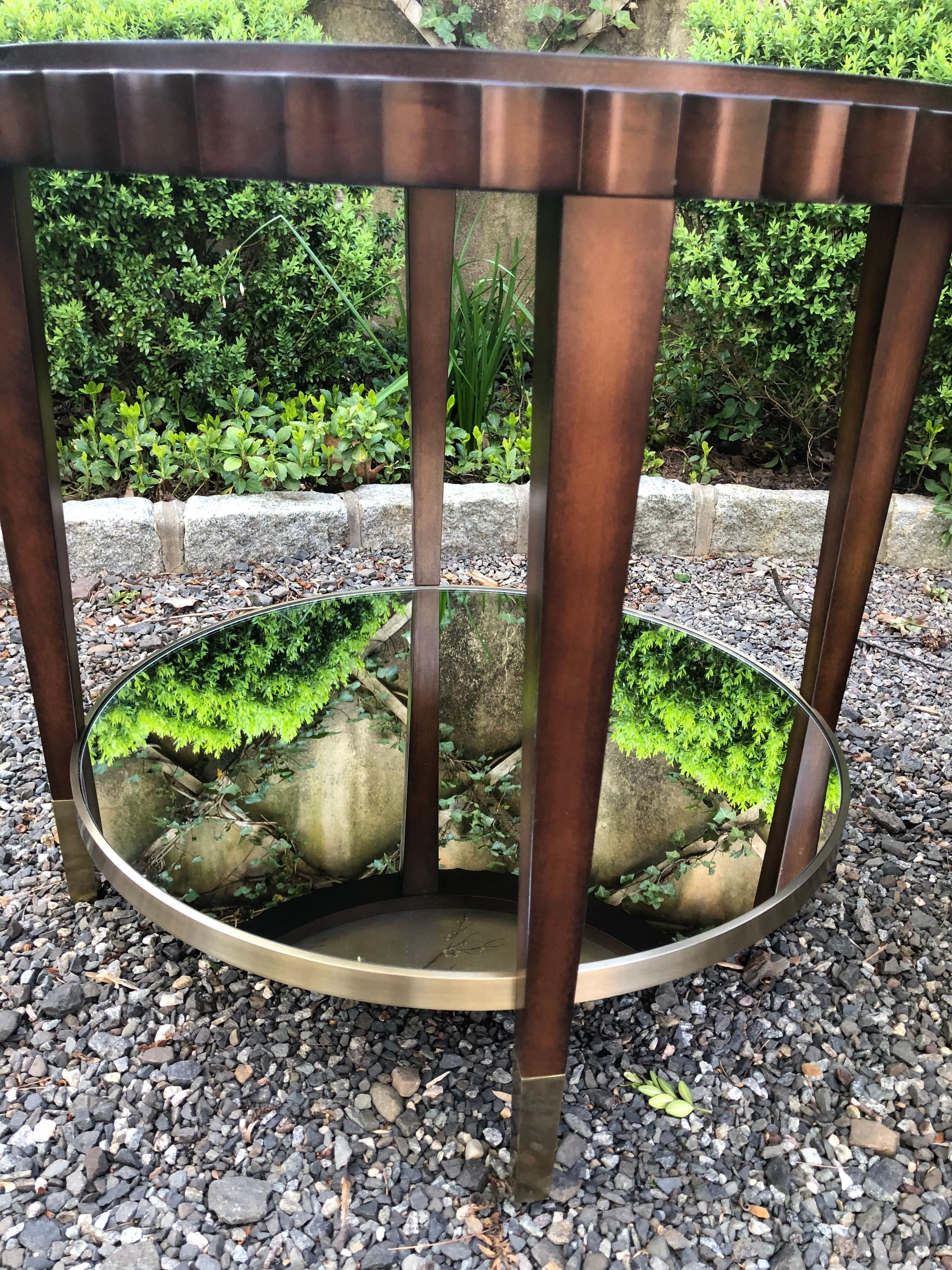Beautiful Pair of Round Mahogany Side Tables with Mirrored Lower Tiers 3