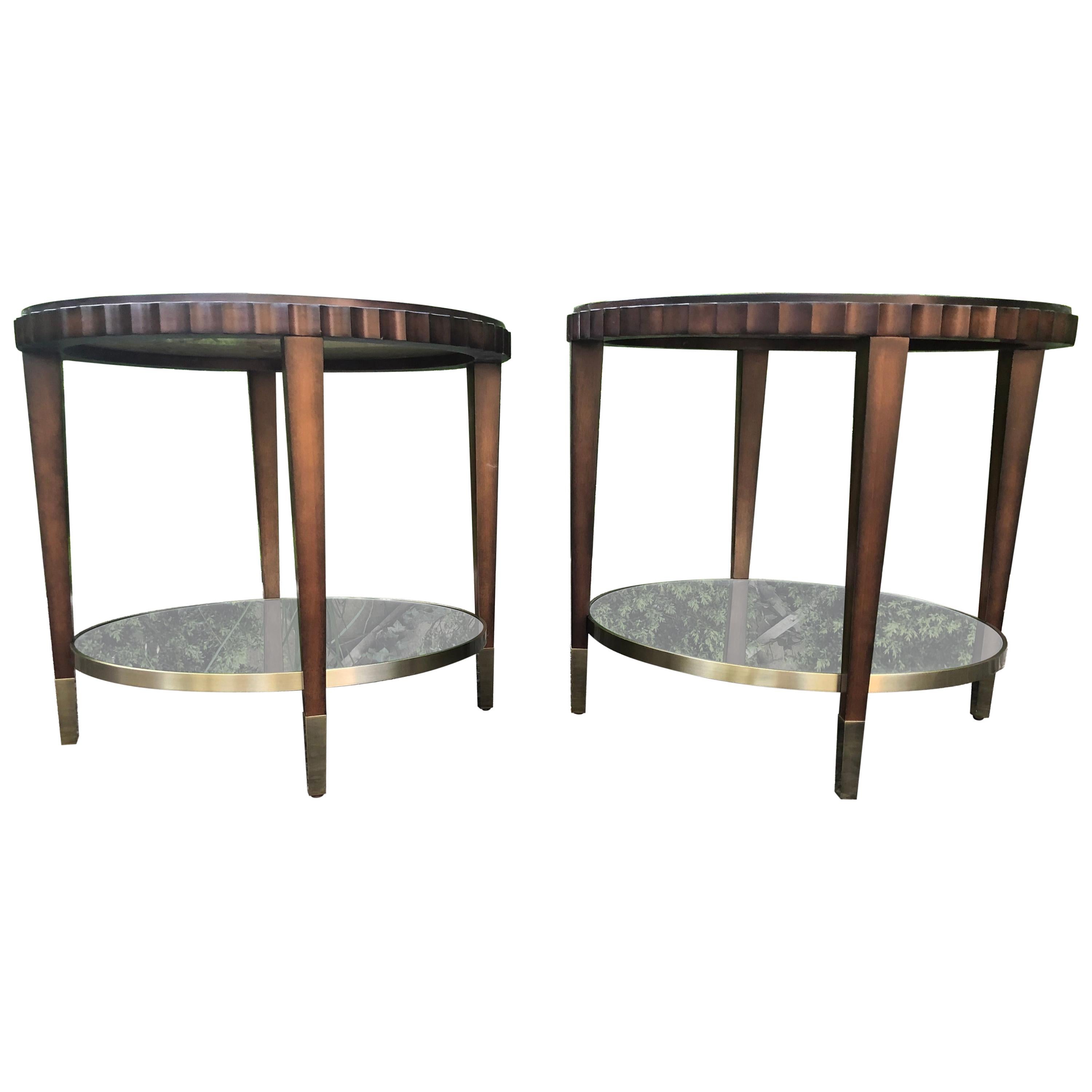 Beautiful Pair of Round Mahogany Side Tables with Mirrored Lower Tiers