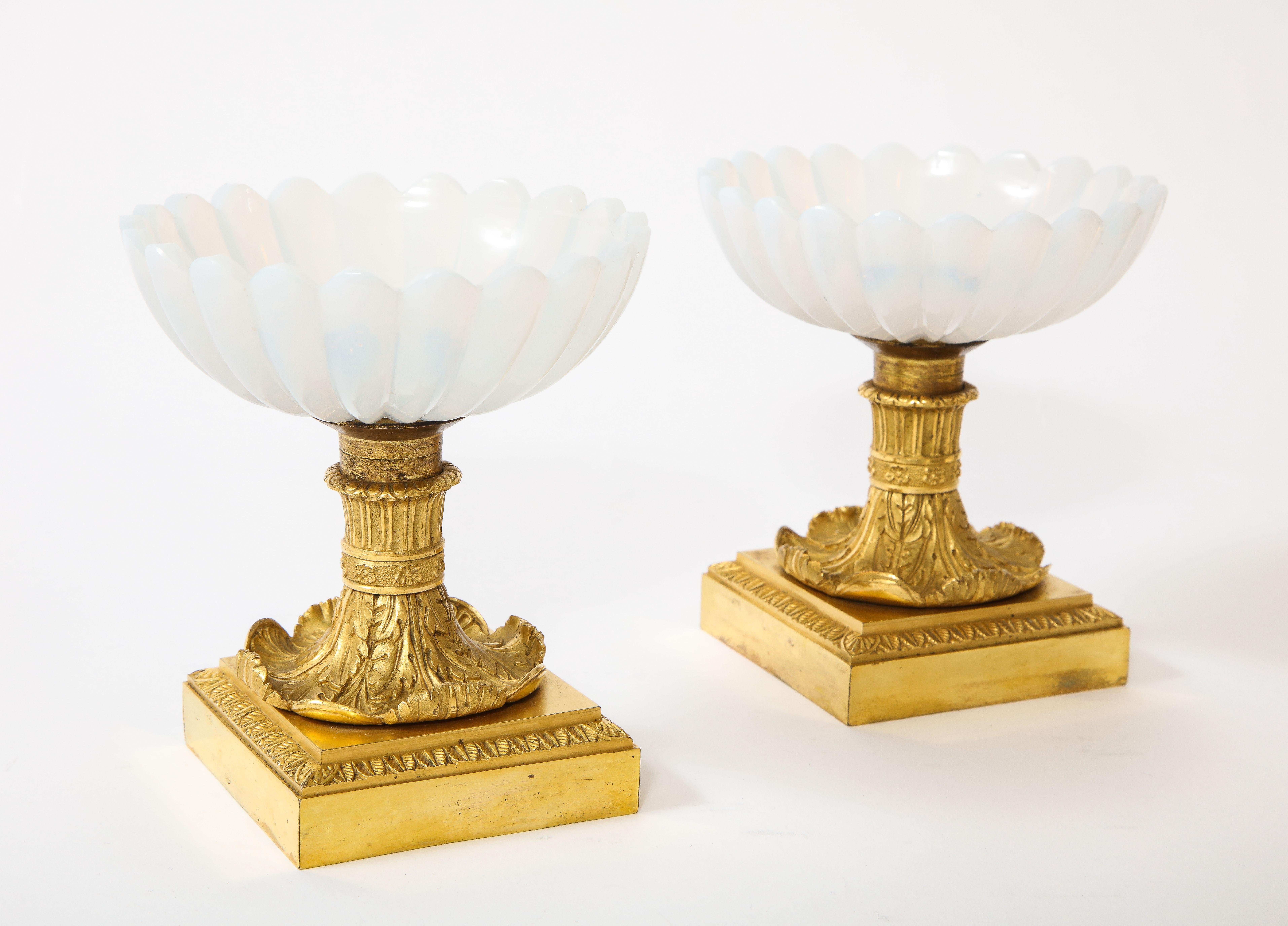 Empire Beautiful Pair of Russian Imperial Glass and Ormolu Mounted Tazza Centerpieces For Sale