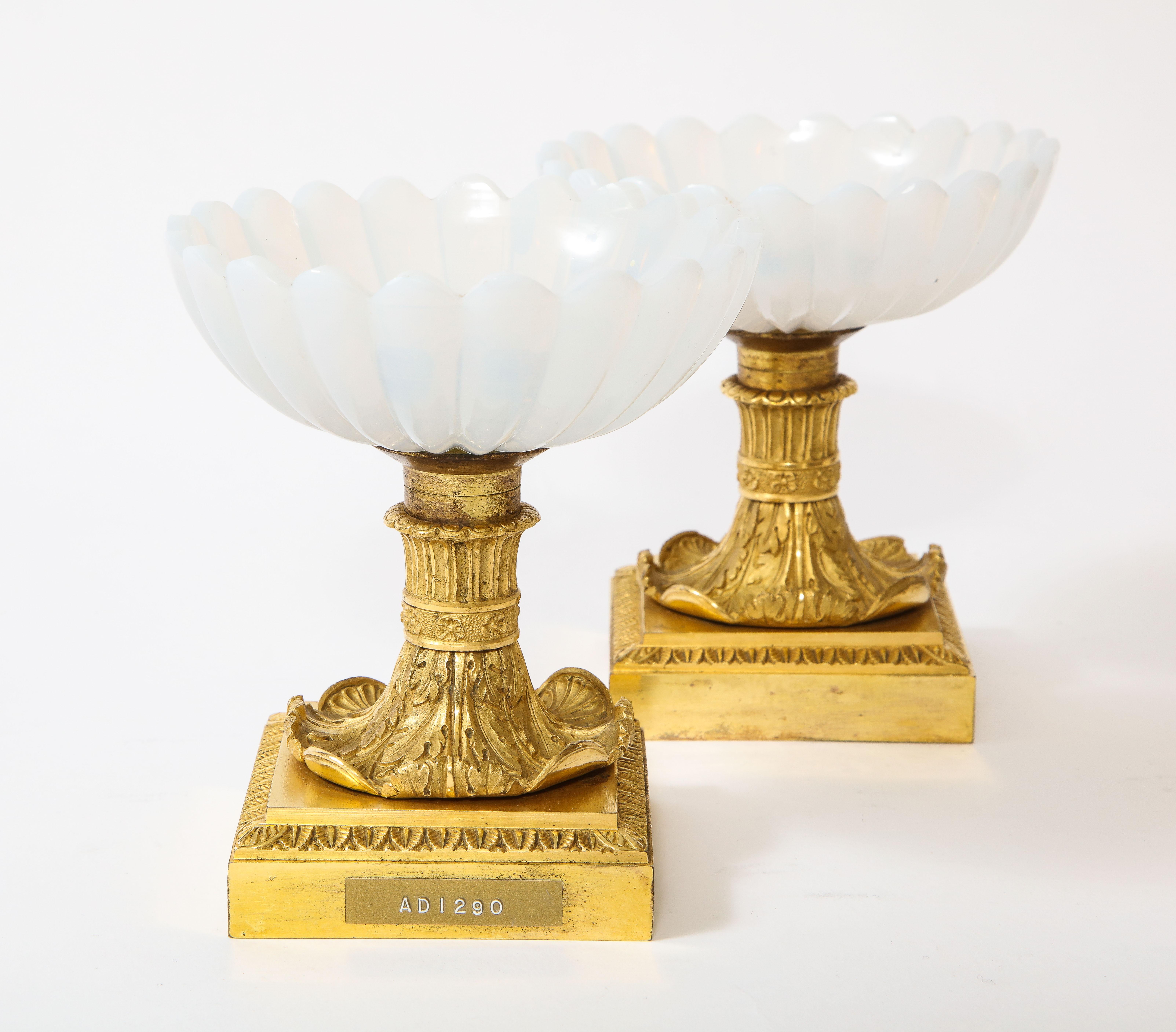 Hand-Carved Beautiful Pair of Russian Imperial Glass and Ormolu Mounted Tazza Centerpieces For Sale