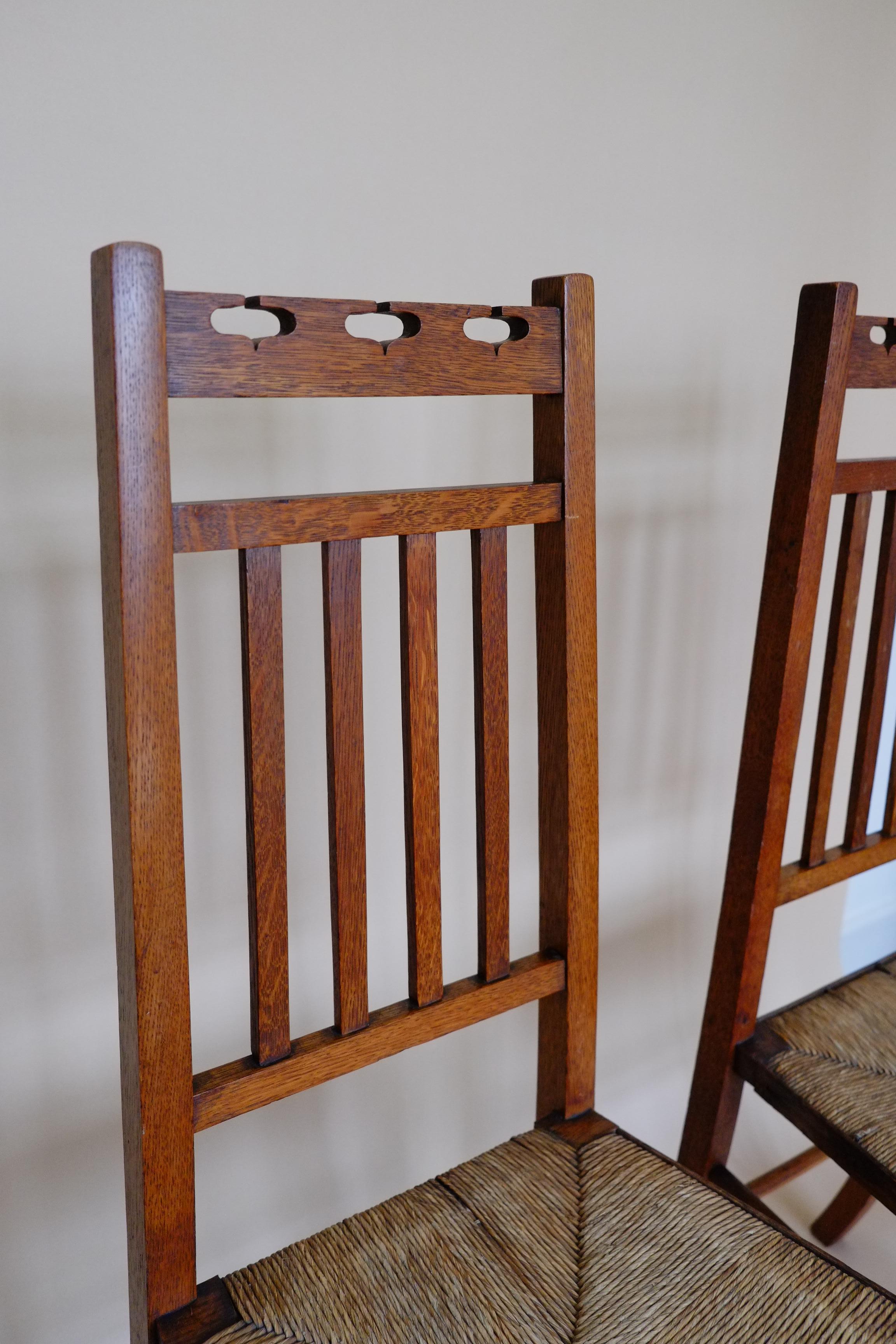 Beautiful Pair of Scottish Arts & Crafts Oak Bedroom Side Chairs by E A Taylor For Sale 1