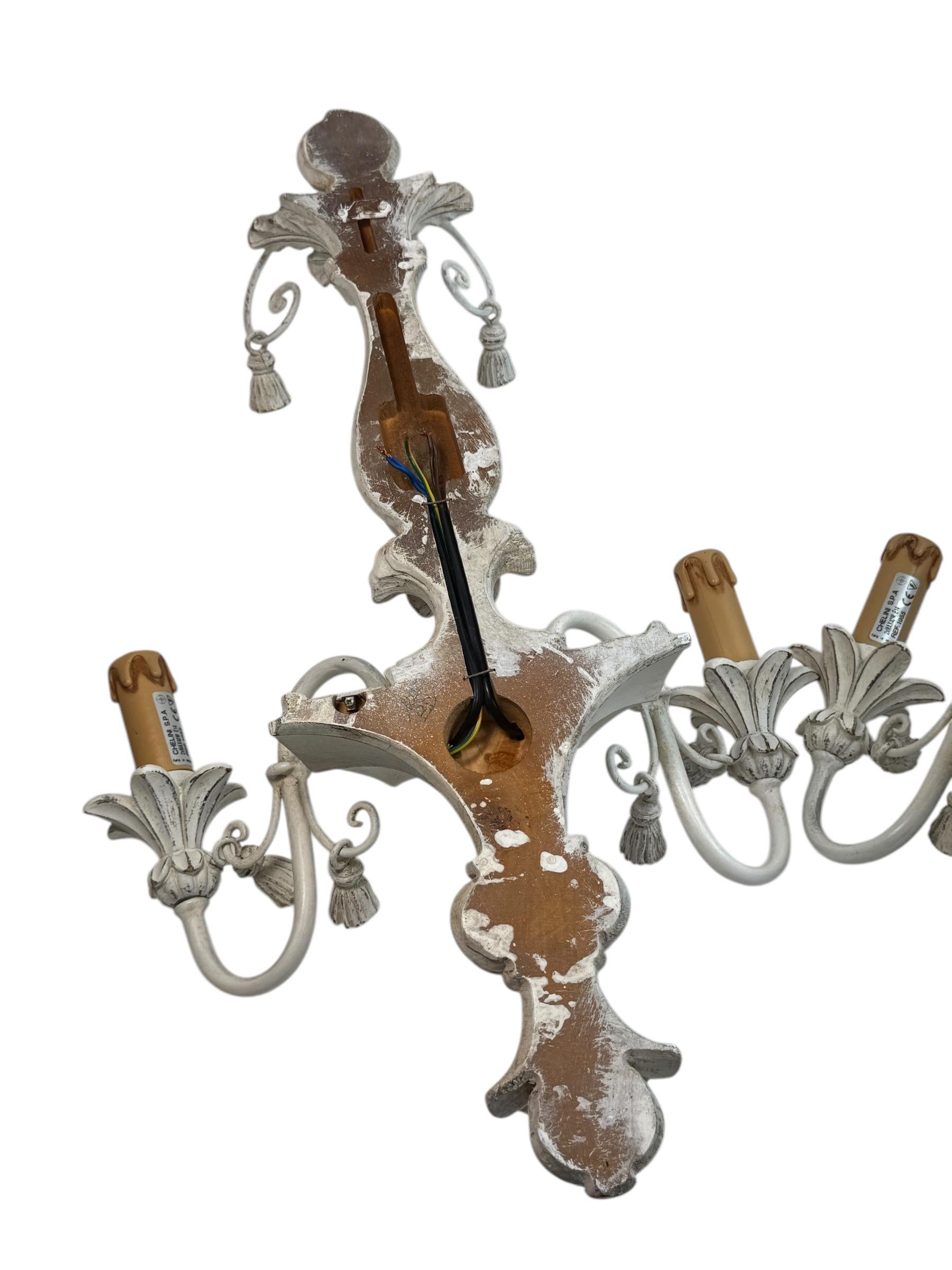 Beautiful Pair of Shabby White Colored Wooden Farmhouse Sconces, Italy 1980's For Sale 4
