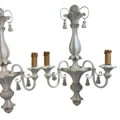 Beautiful Pair of Shabby White Colored Wooden Farmhouse Sconces, Italy 1980's