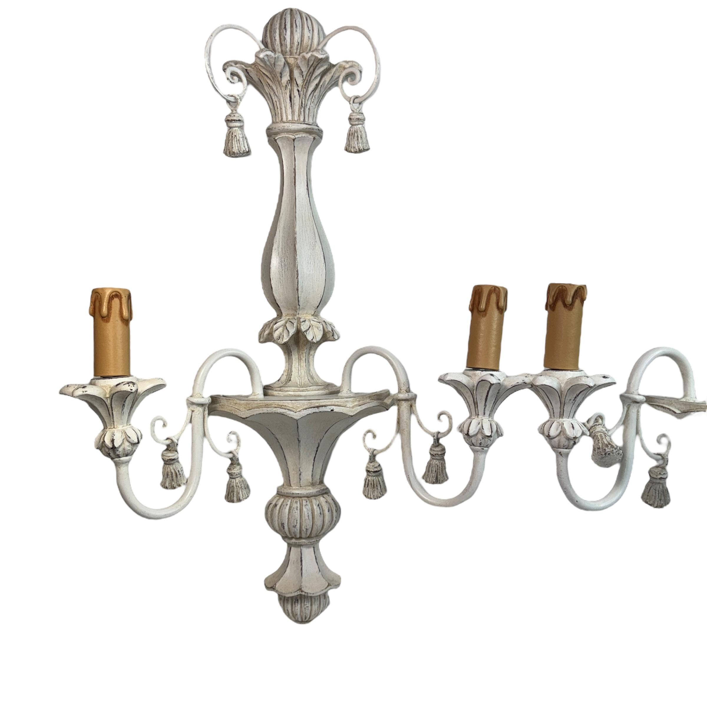 Hollywood Regency Beautiful Pair of Shabby White Colored Wooden Farmhouse Sconces, Italy 1980's For Sale