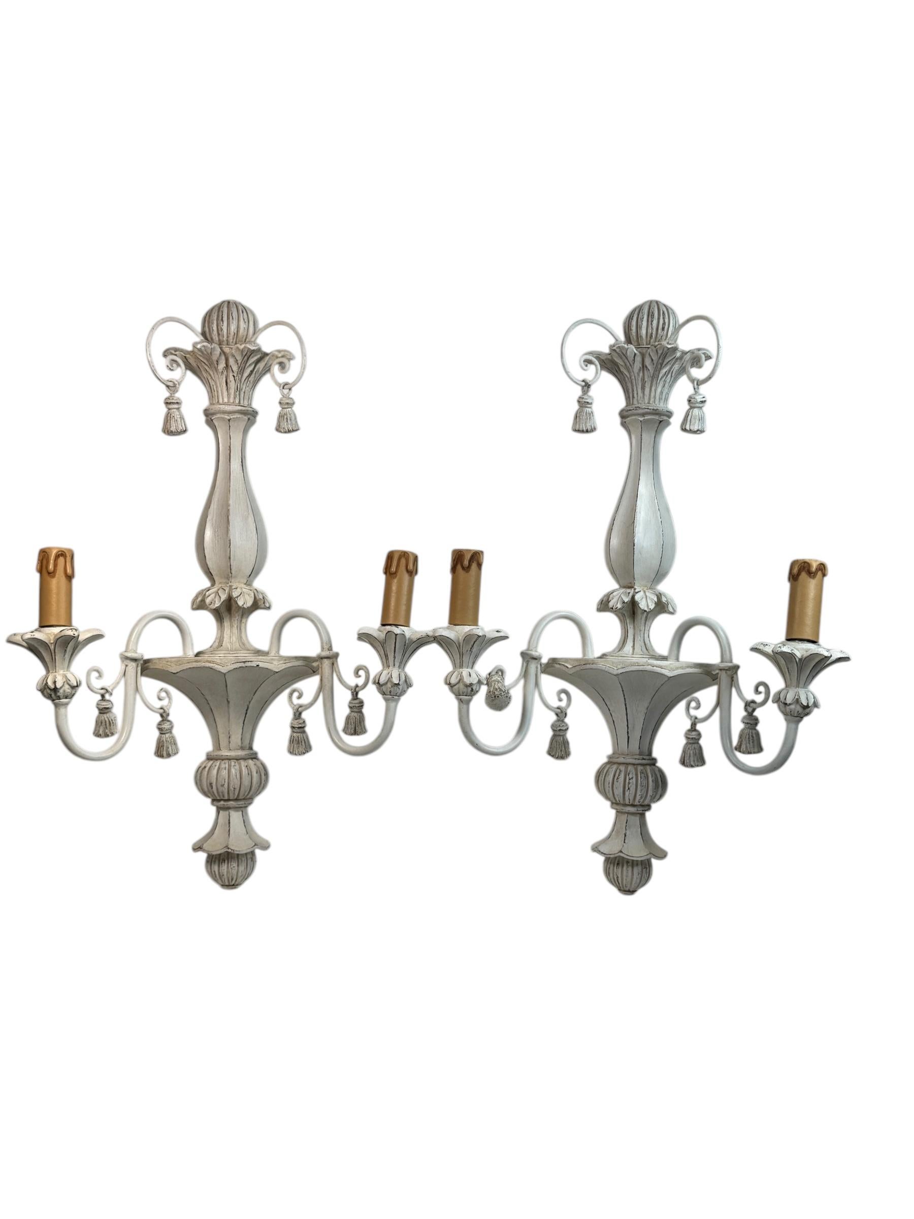 Metal Beautiful Pair of Shabby White Colored Wooden Farmhouse Sconces, Italy 1980's For Sale