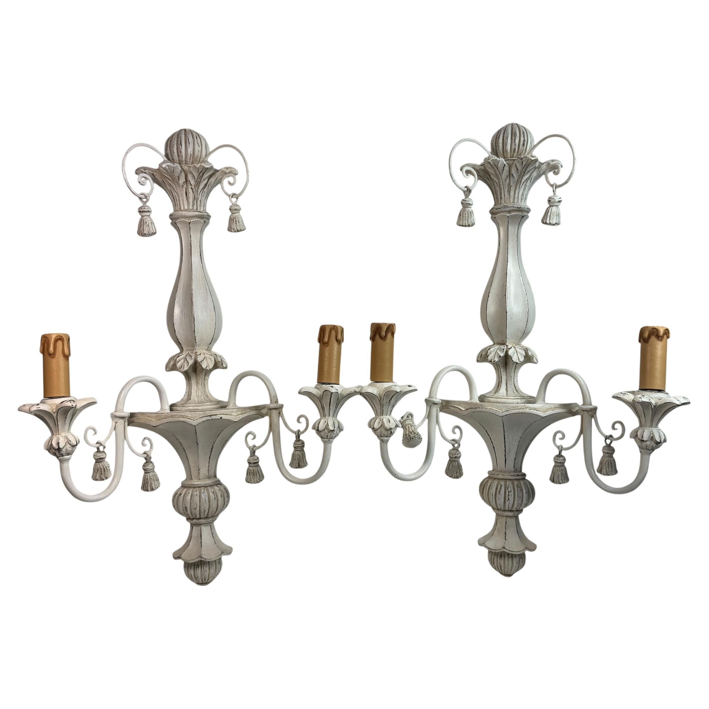 Beautiful Pair of Shabby White Colored Wooden Farmhouse Sconces, Italy 1980's For Sale