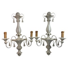 Vintage Beautiful Pair of Shabby White Colored Wooden Farmhouse Sconces, Italy 1980's