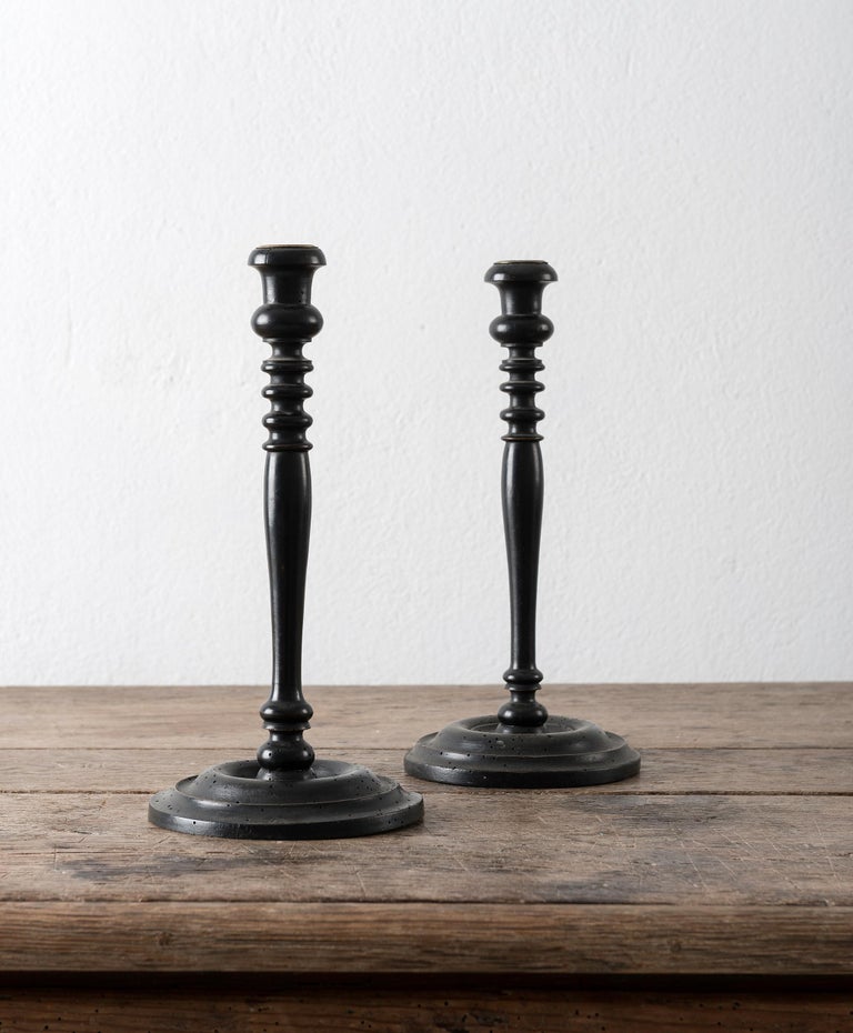Beautiful Pair Of Simple Georgian Black Turned Wood Candlesticks
