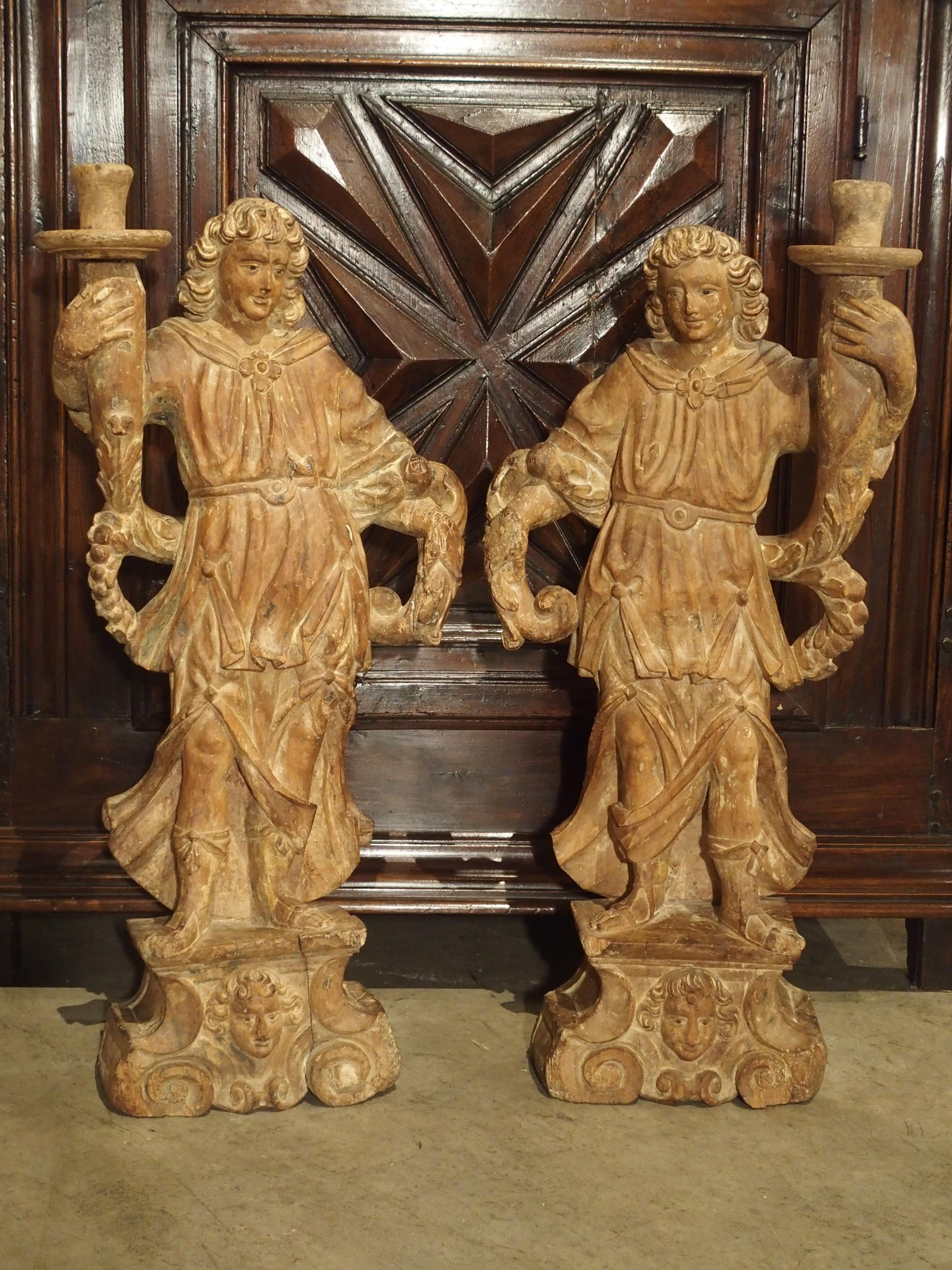 Beautiful Pair of Stripped 17th Century Italian Torchbearer Candleholders 5