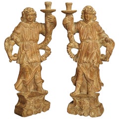 Antique Beautiful Pair of Stripped 17th Century Italian Torchbearer Candleholders