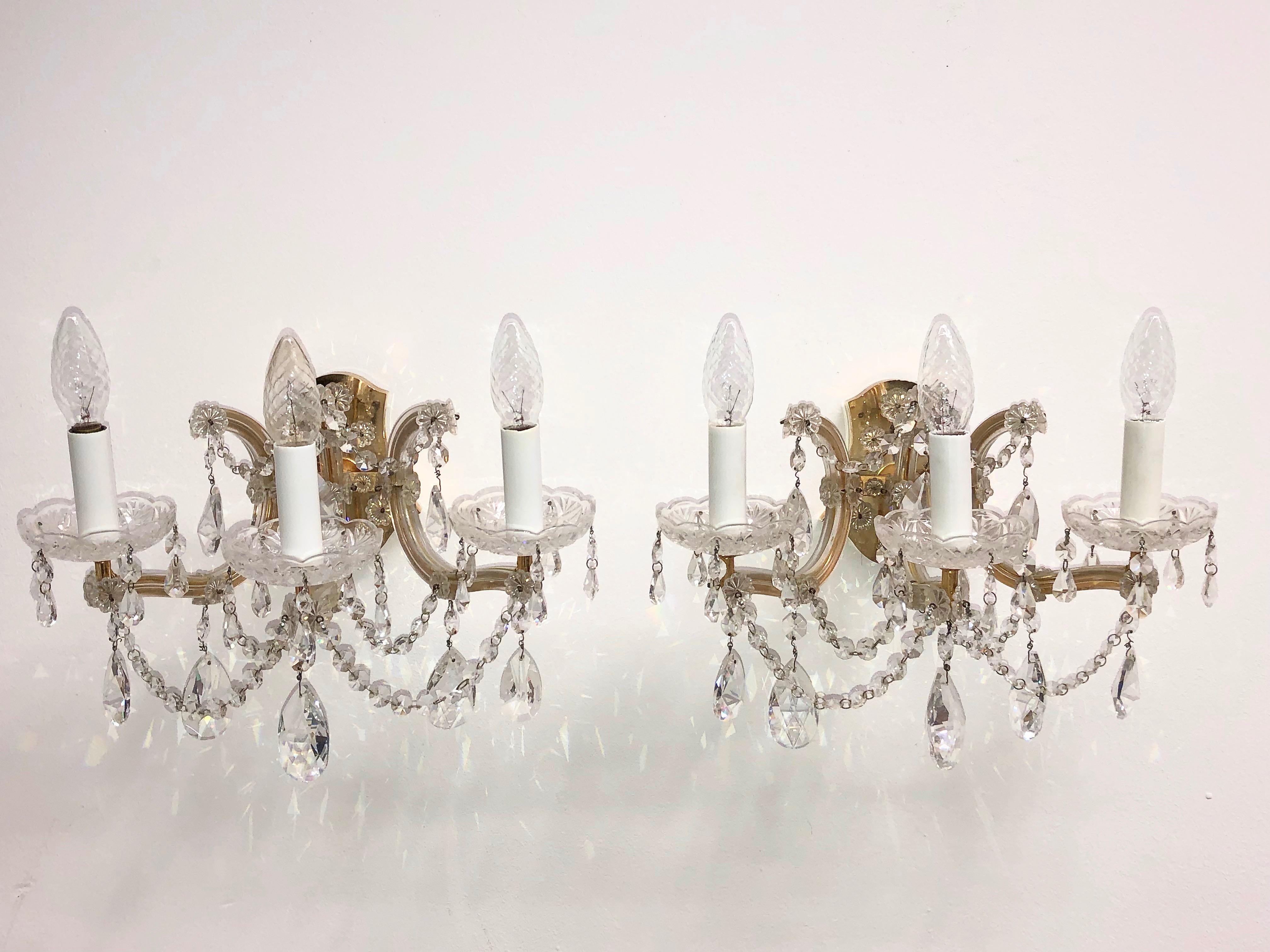Baroque Beautiful Pair of Three Light Brass Sconces Cut Crystals, German, 1960s