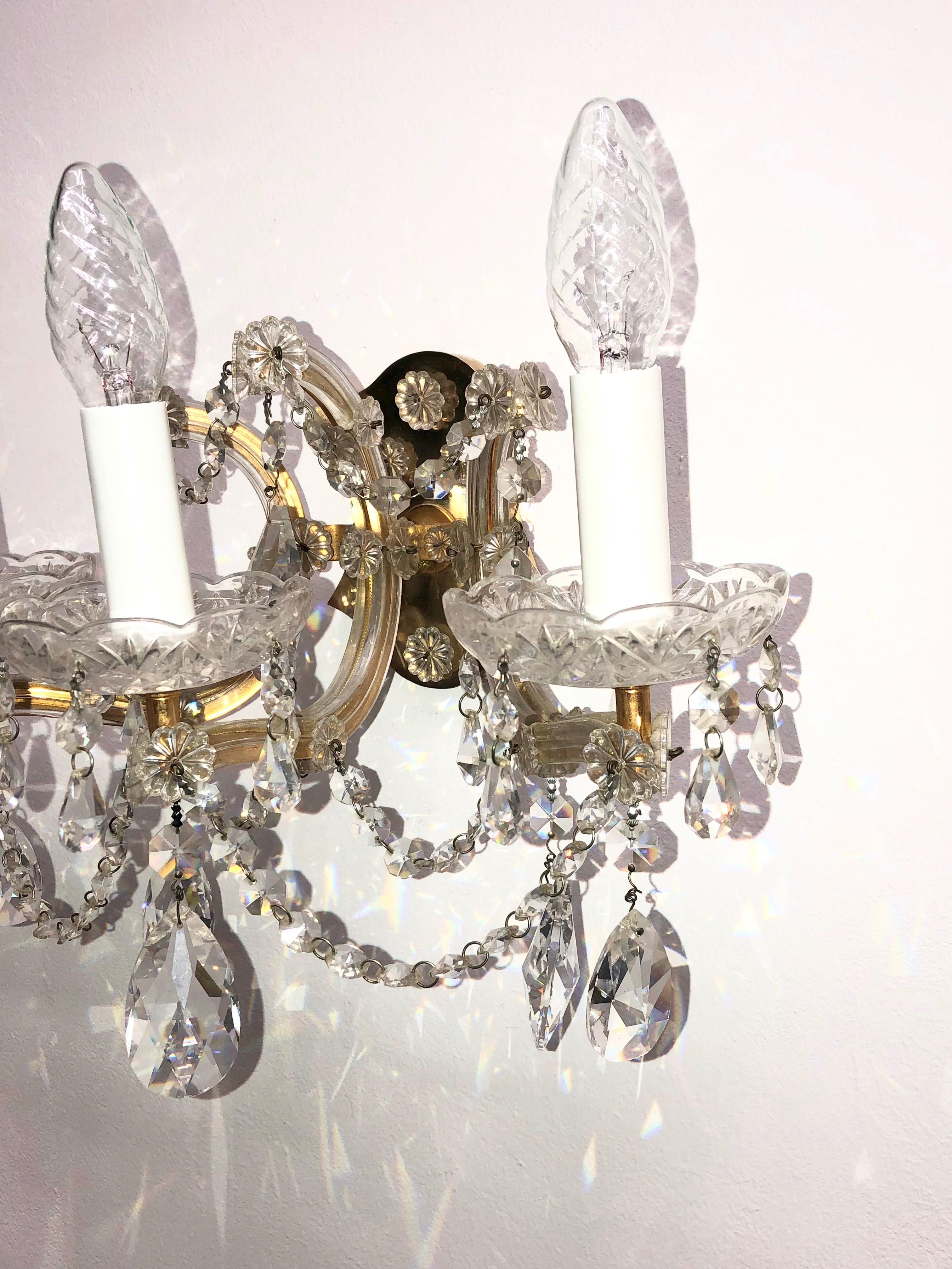 Beautiful Pair of Three Light Brass Sconces Cut Crystals, German, 1960s 1