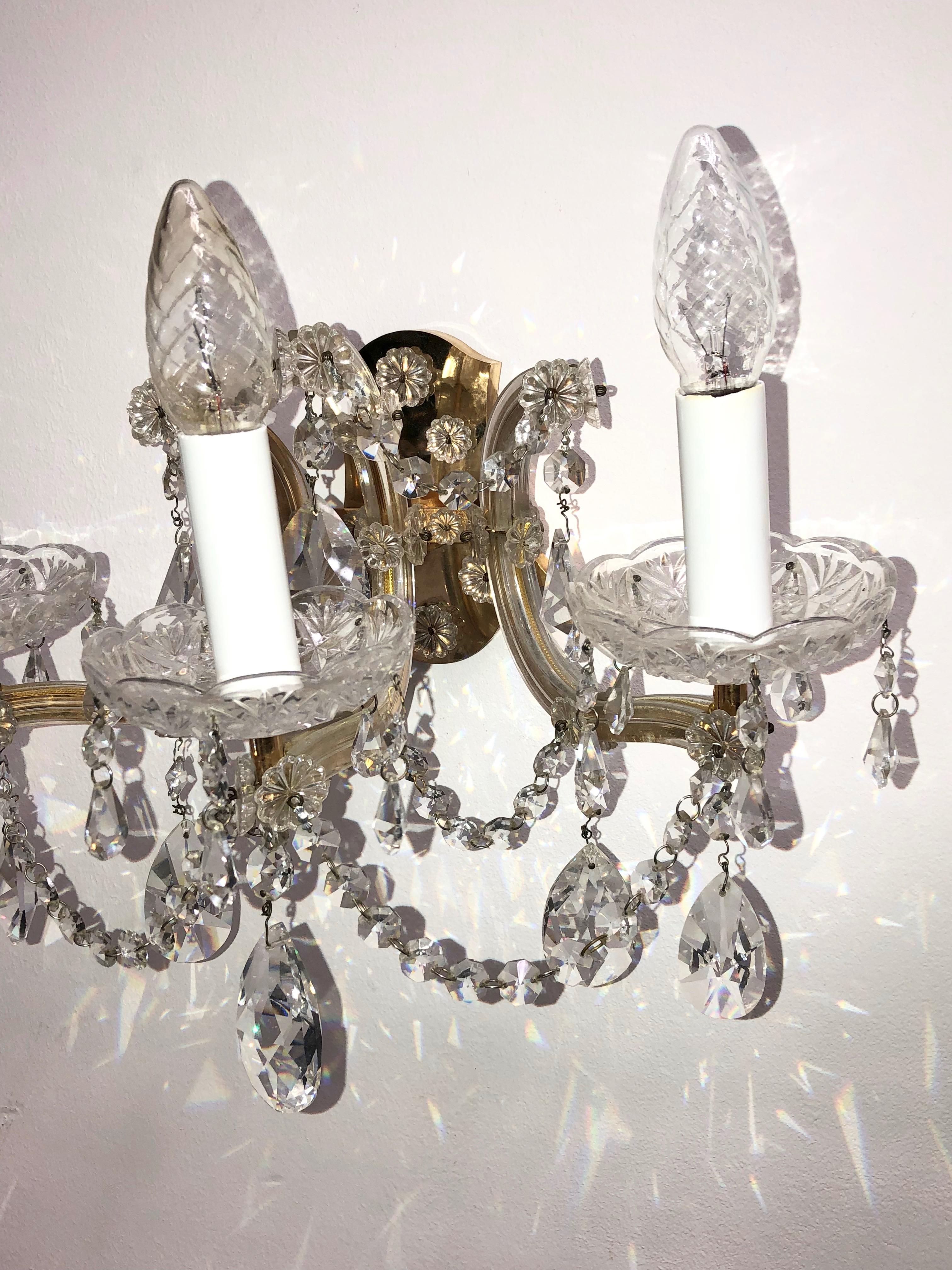 Beautiful Pair of Three Light Brass Sconces Cut Crystals, German, 1960s 3