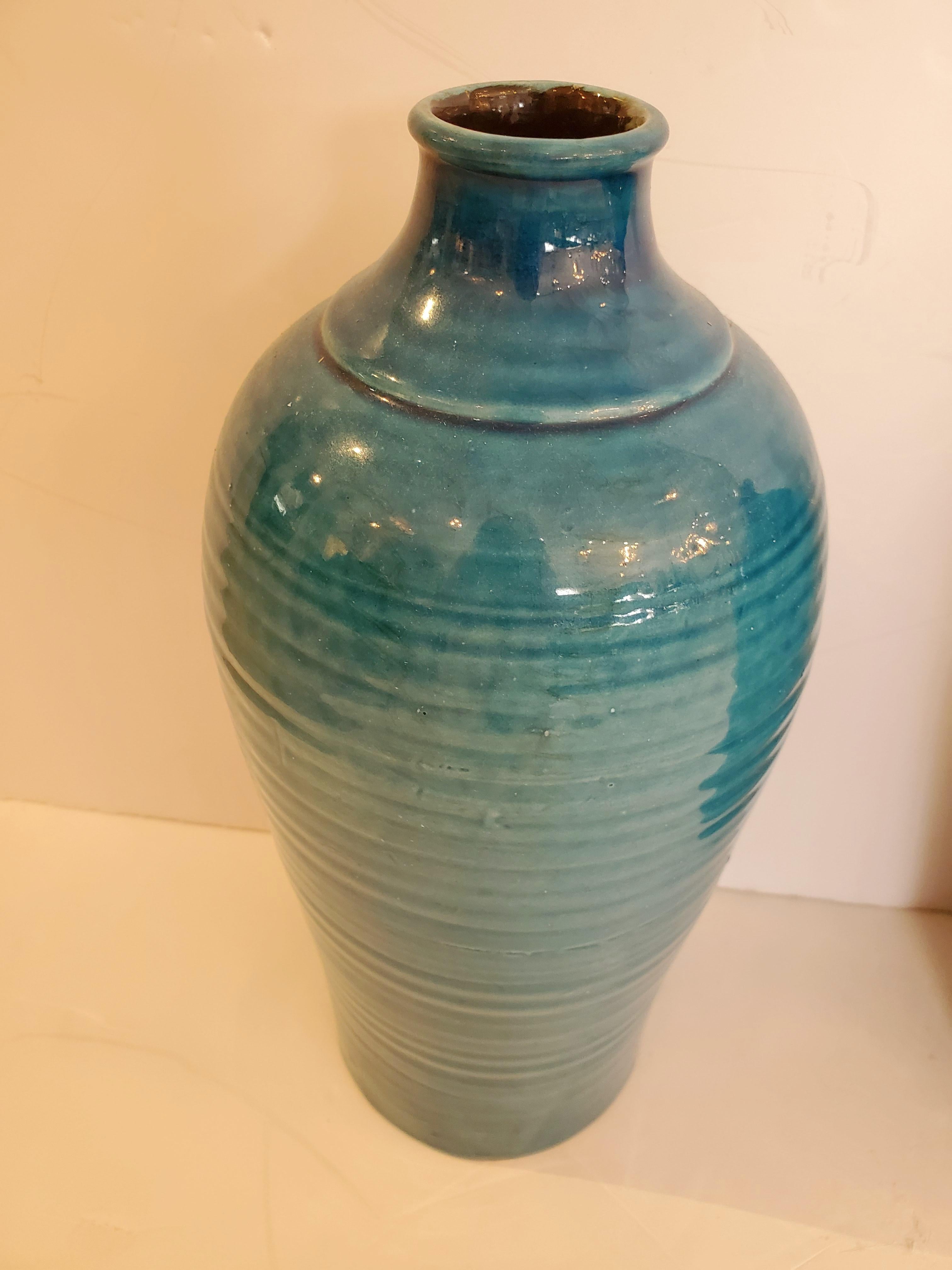 Mid-20th Century Beautiful Pair of Turquoise Italian Ceramic Vases For Sale