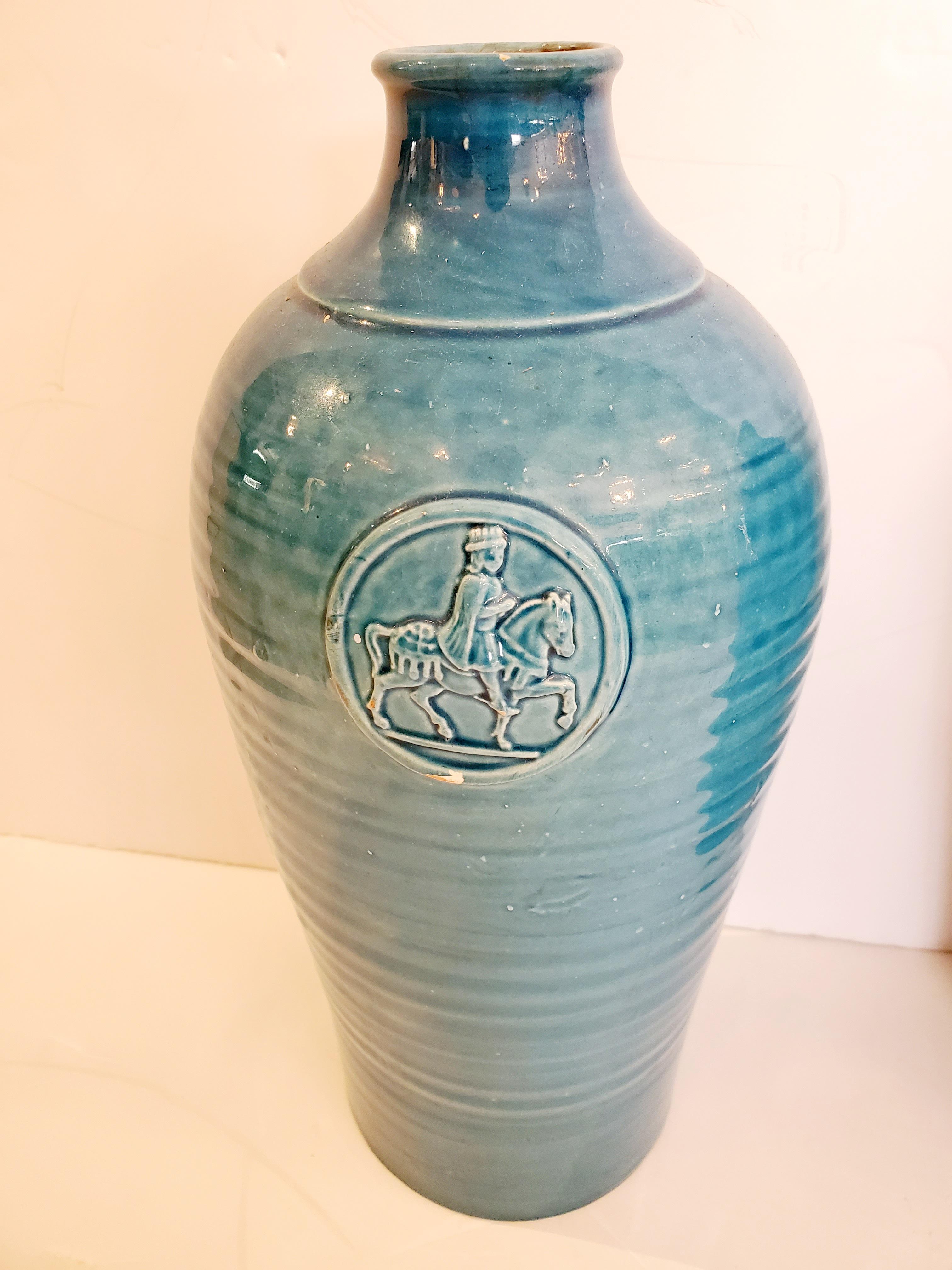 Beautiful Pair of Turquoise Italian Ceramic Vases For Sale 1