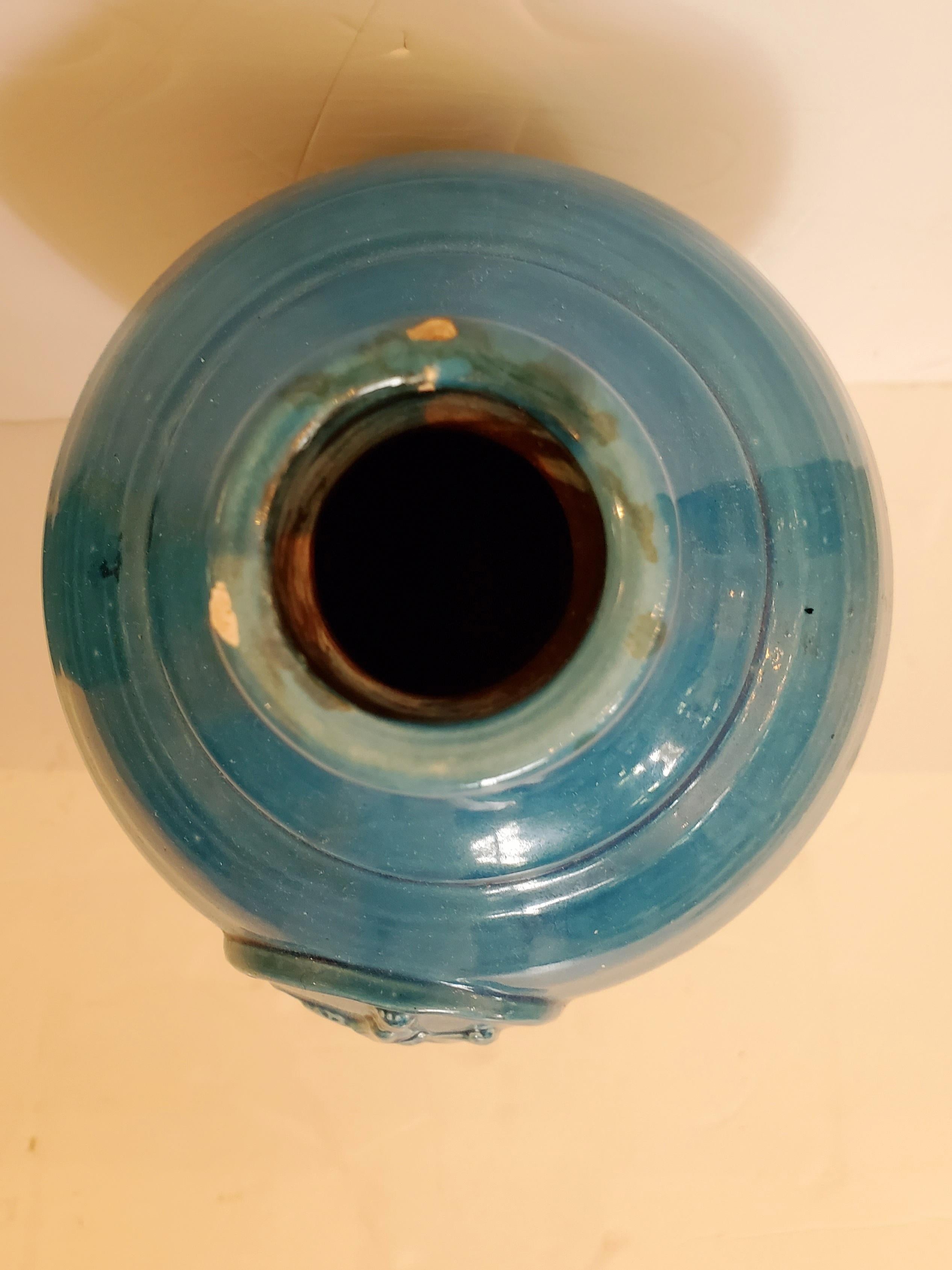 Beautiful Pair of Turquoise Italian Ceramic Vases For Sale 2