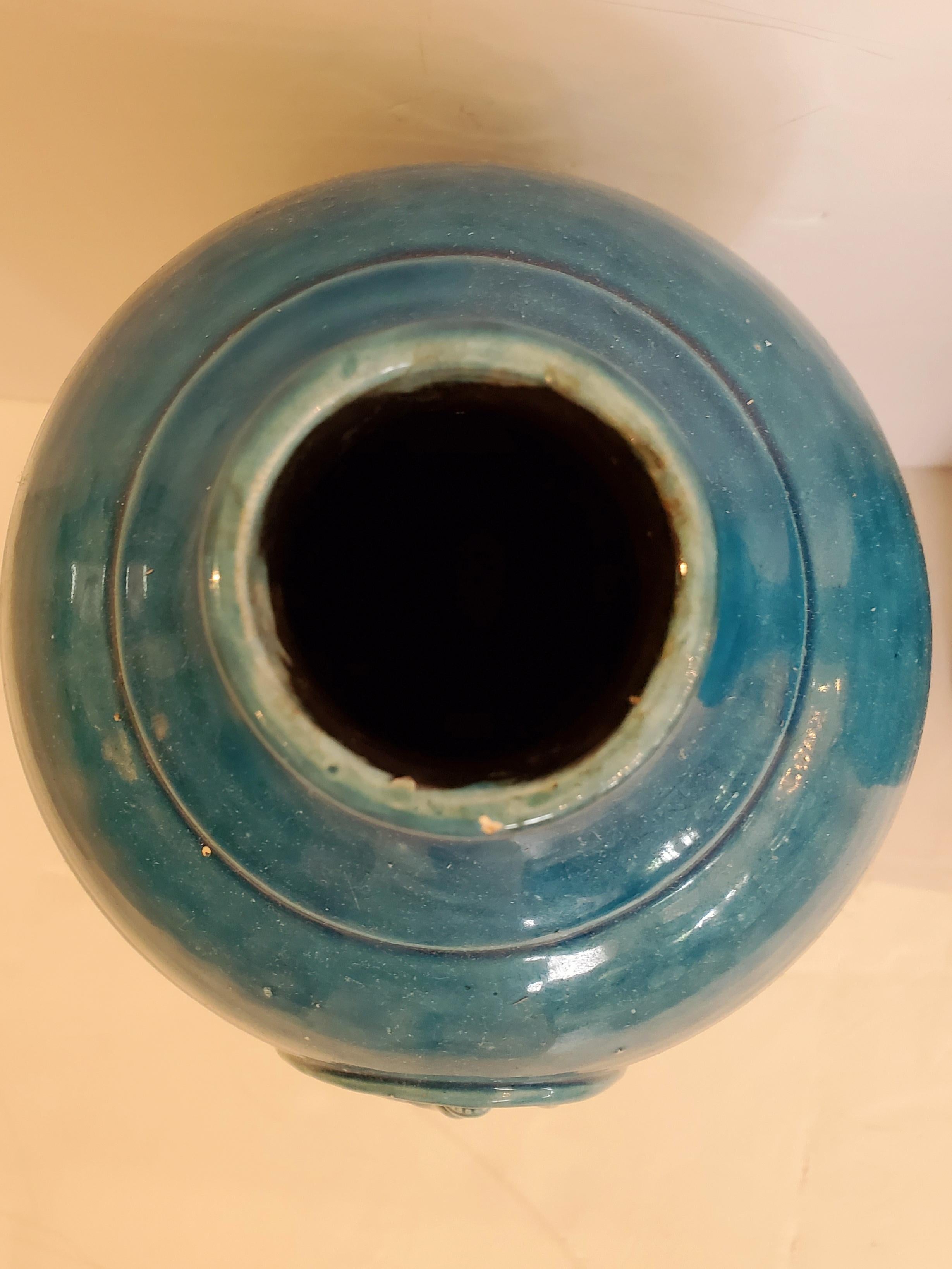 Beautiful Pair of Turquoise Italian Ceramic Vases For Sale 3