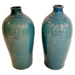 Beautiful Pair of Turquoise Italian Ceramic Vases