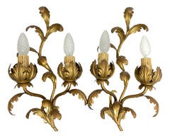 Beautiful Pair of Two-Light Tole Sconces Gilded Metal, Italy, 1960s