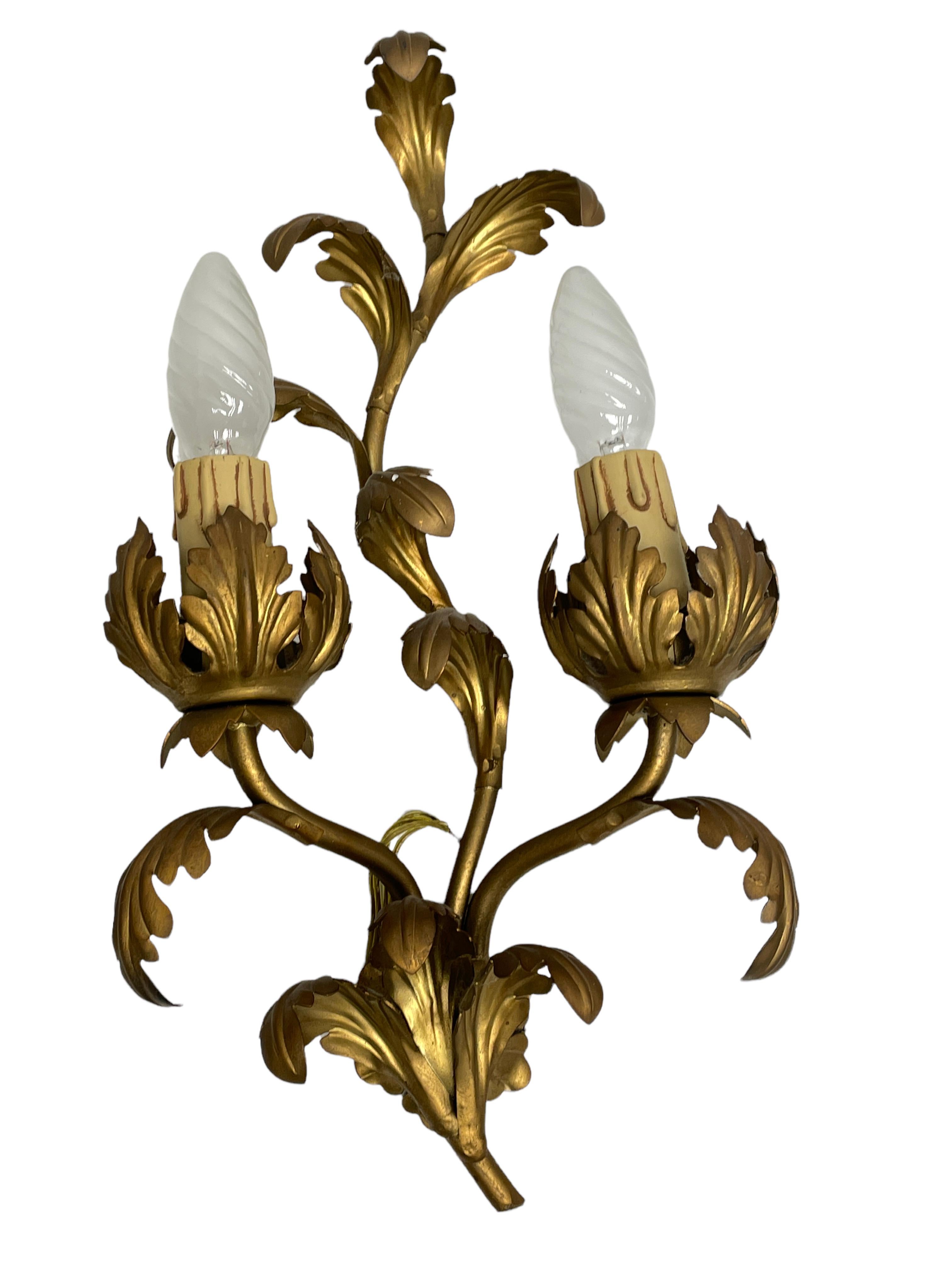 Hollywood Regency Beautiful Pair of Two-Light Tole Sconces Gilded Metal, Italy, 1960s For Sale