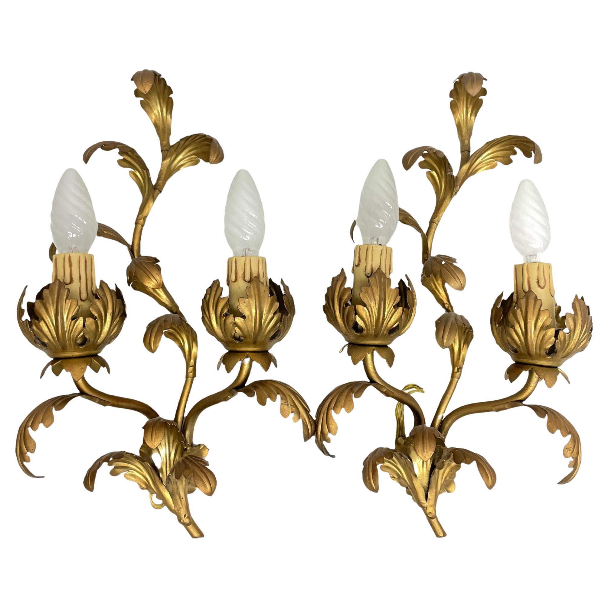 Beautiful Pair of Two-Light Tole Sconces Gilded Metal, Italy, 1960s For Sale