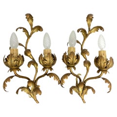 Vintage Beautiful Pair of Two-Light Tole Sconces Gilded Metal, Italy, 1960s