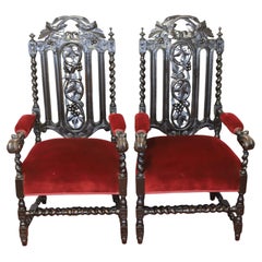 Beautiful Pair Of Victorian Carved Oak Armchairs In Jacobean Style