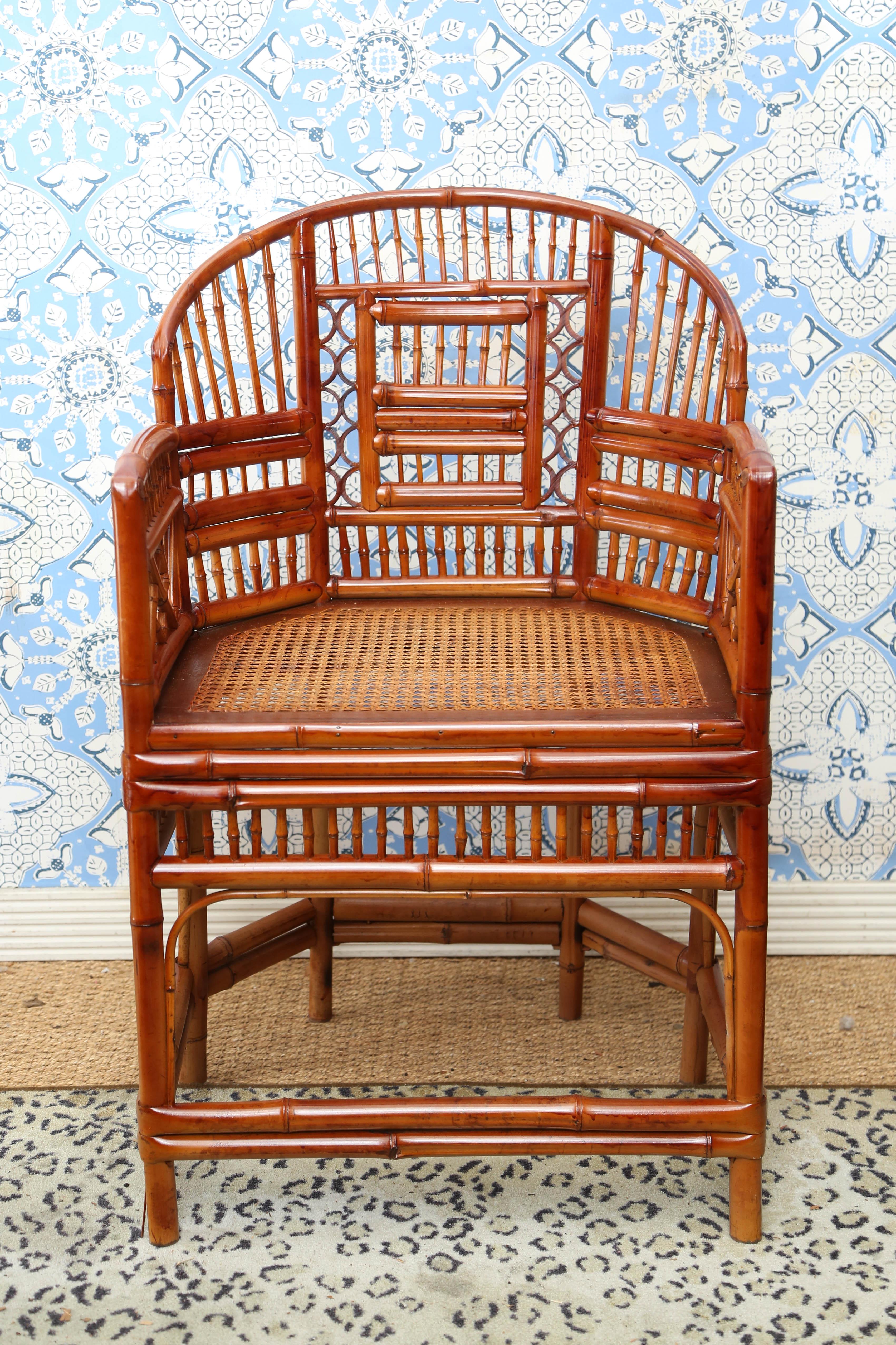 Beautiful pair of vintage bamboo Chippendale armchairs with cane seats.