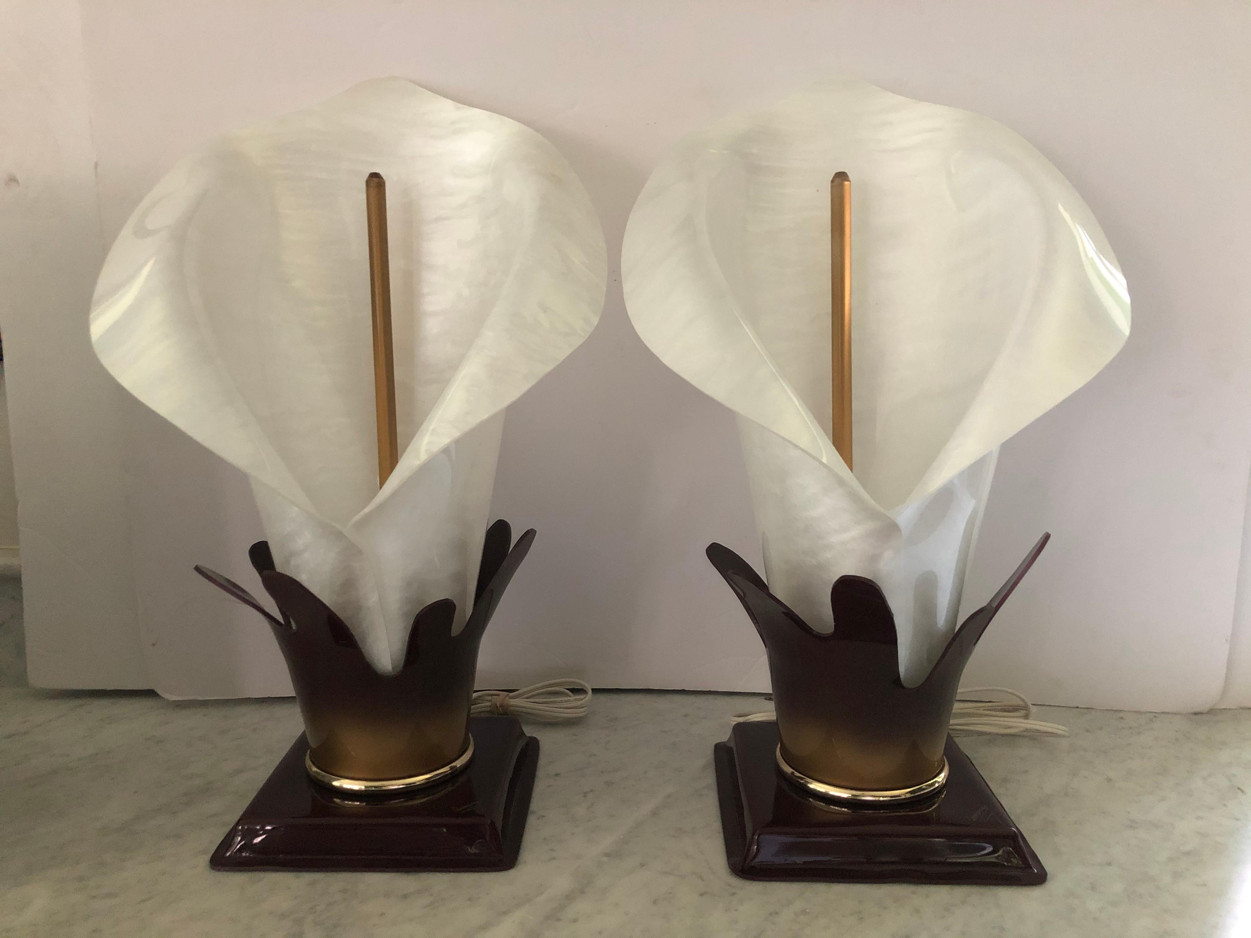 Acrylic Beautiful Pair of Vintage Calla Lily Shaped Lamps by Armani