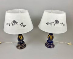 Beautiful Pair of Vintage Cobalt Blue Porcelain Table Lamps, Set 2