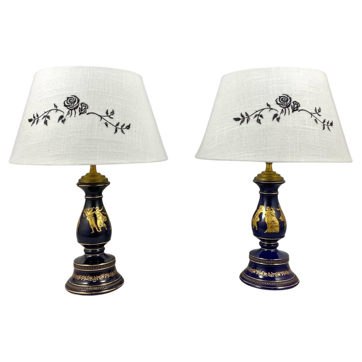Beautiful Pair of Vintage Cobalt Blue Porcelain Table Lamps, Set 2 For Sale
