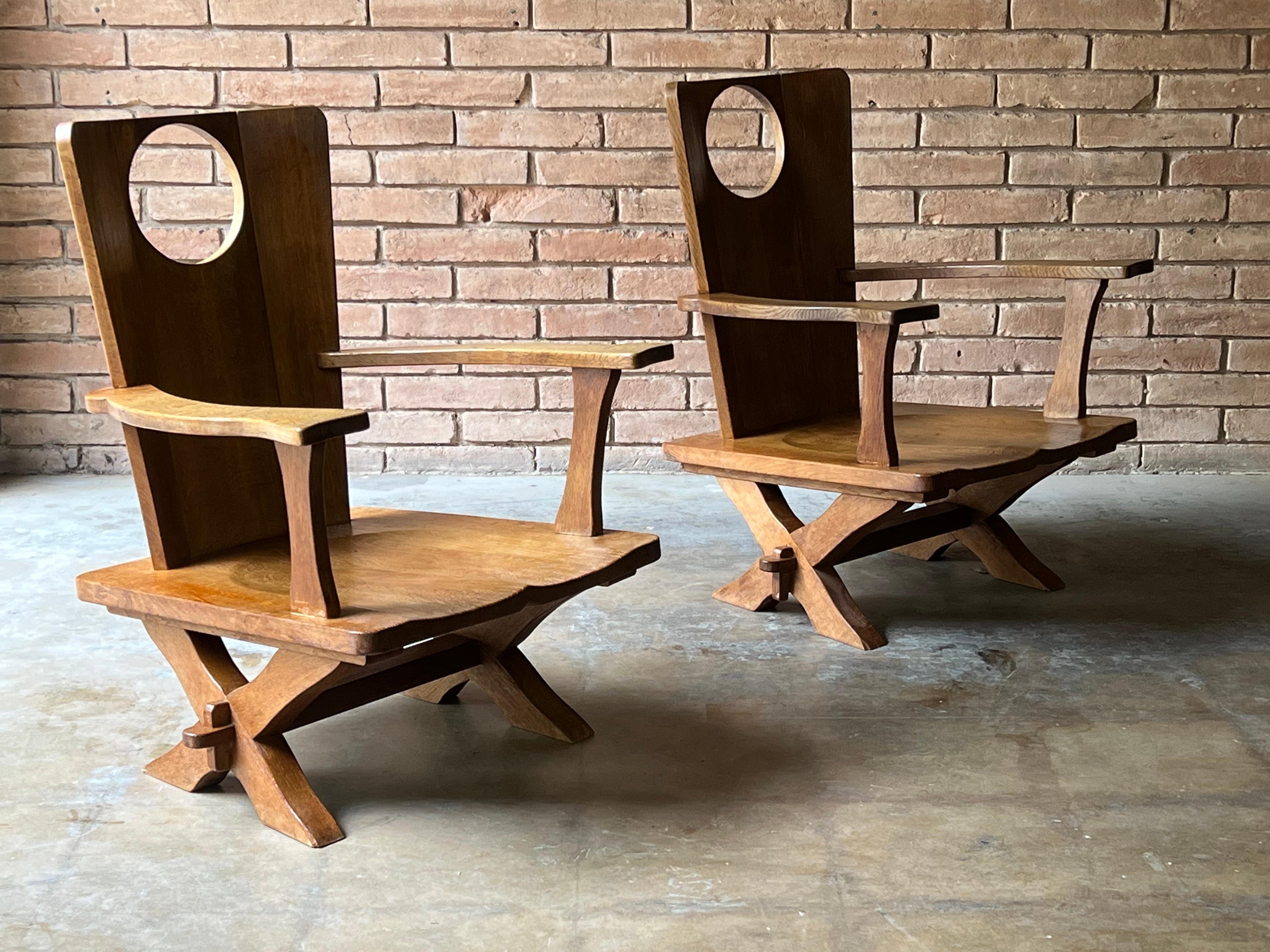 Mid-Century Modern Beautiful Pair of Vintage European Oak Low Lounge Chairs  For Sale