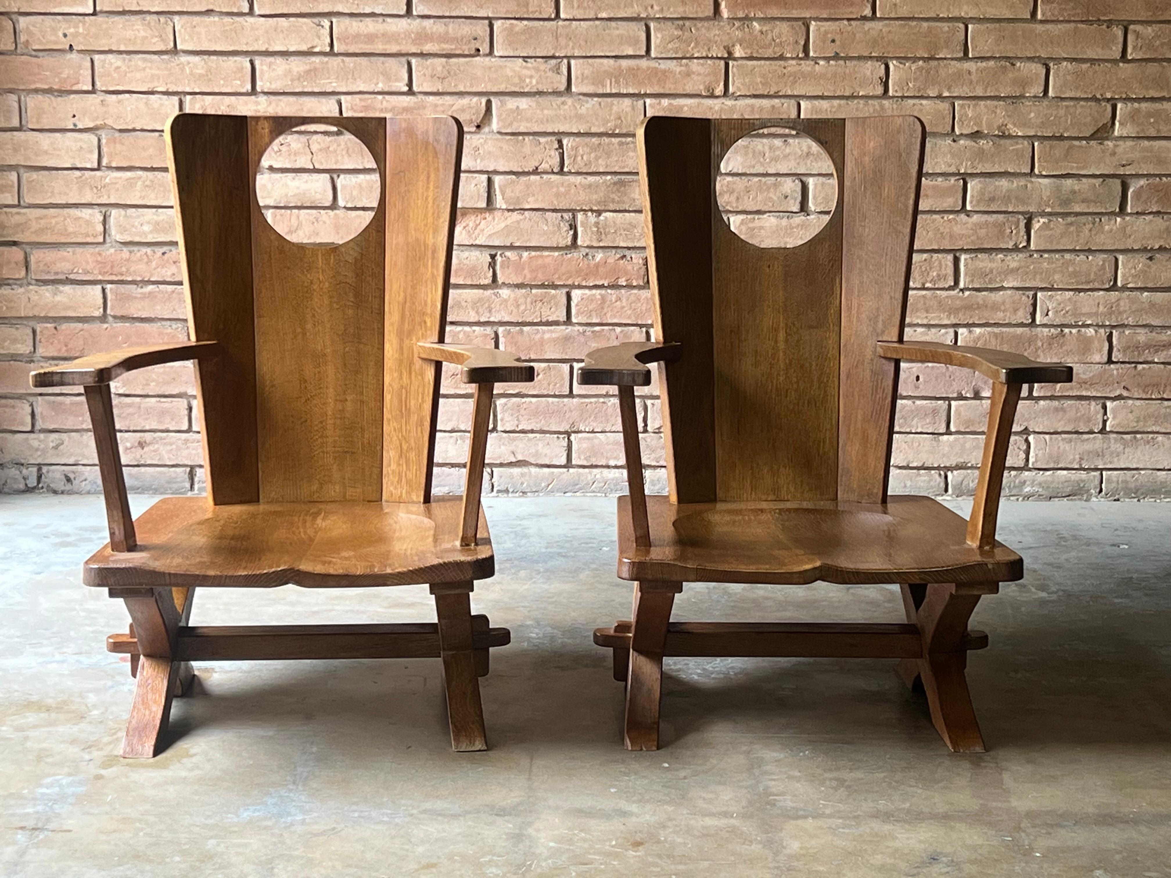 Hand-Crafted Beautiful Pair of Vintage European Oak Low Lounge Chairs  For Sale