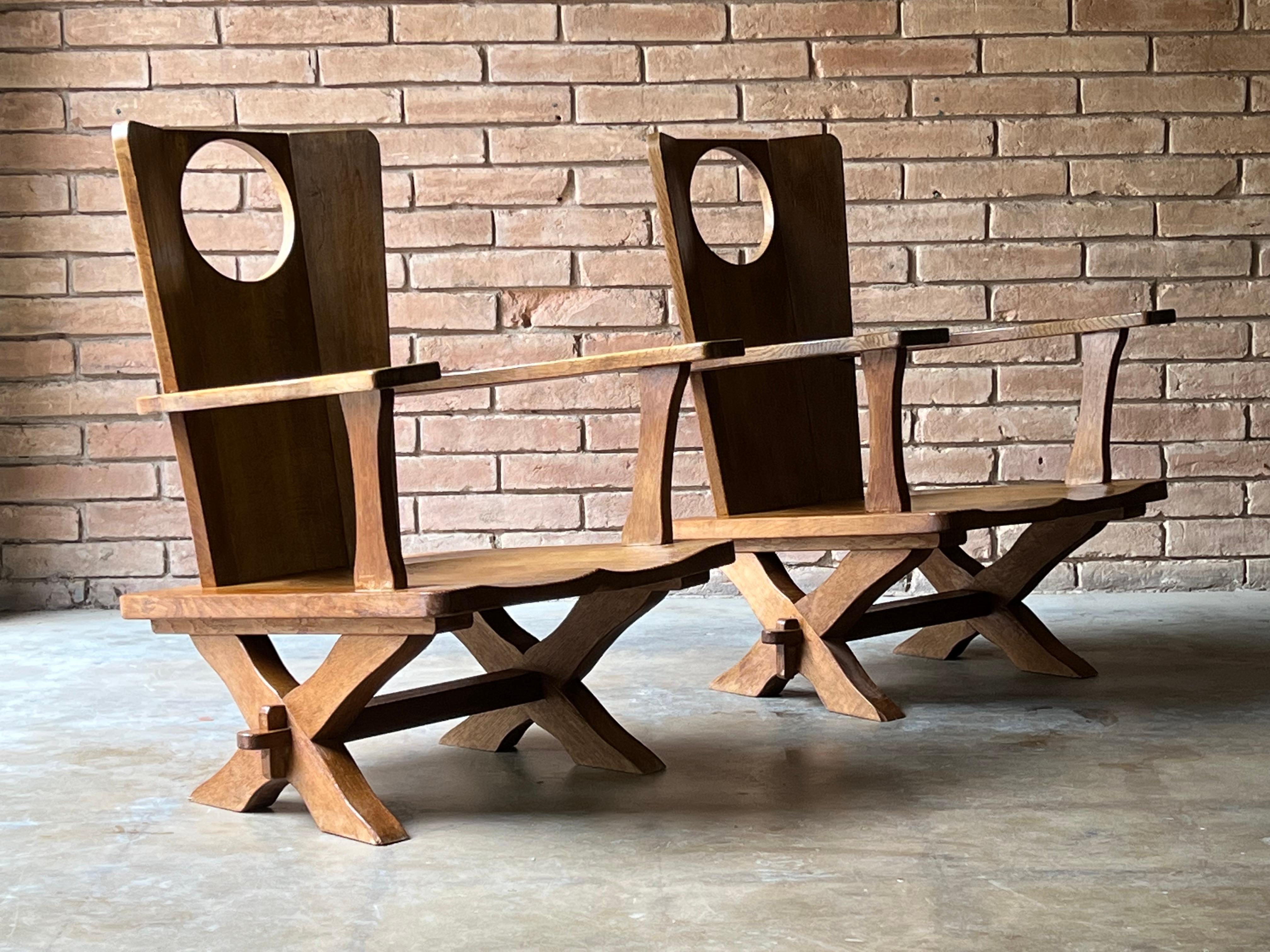 Late 20th Century Beautiful Pair of Vintage European Oak Low Lounge Chairs  For Sale