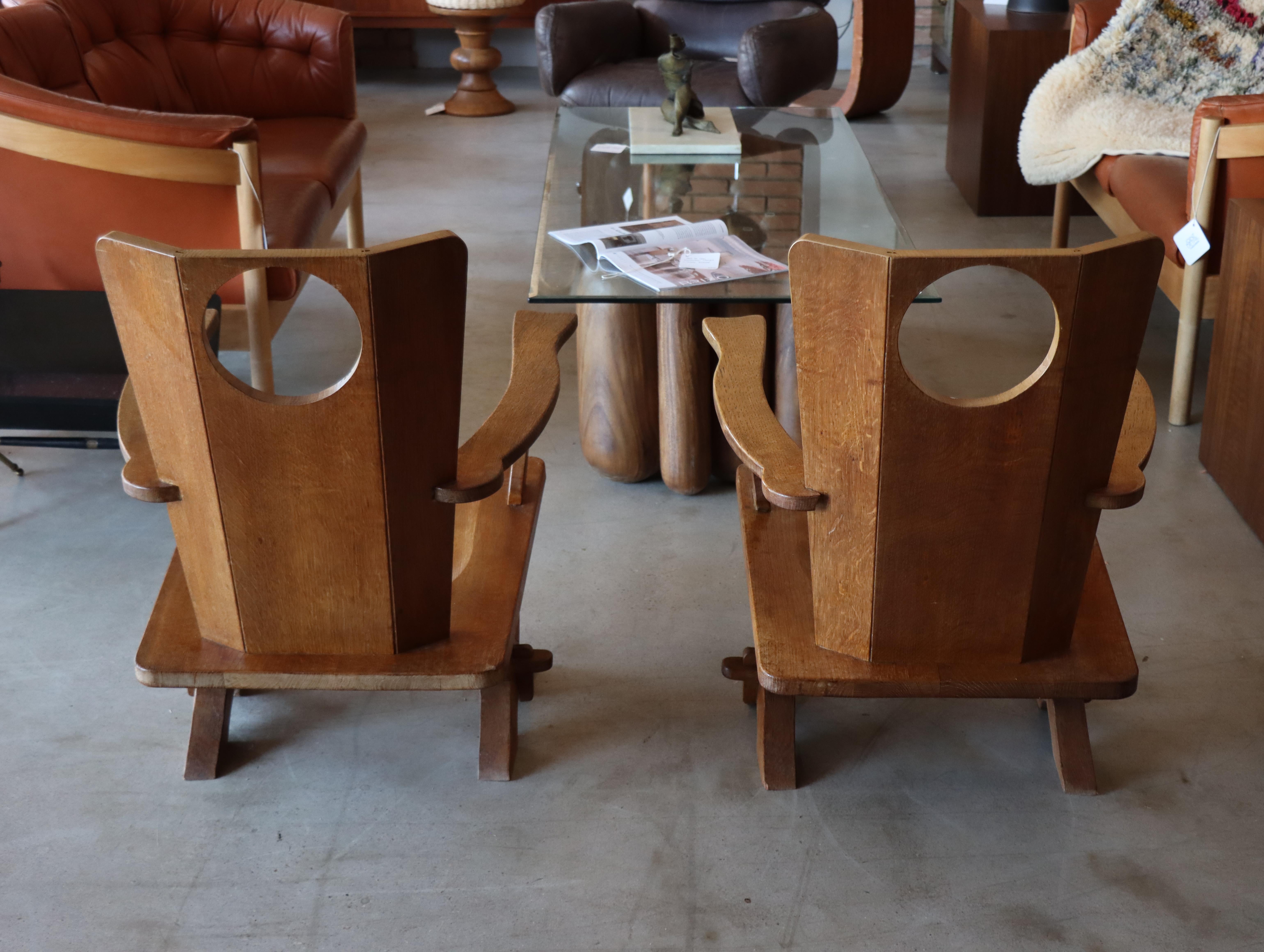 Beautiful Pair of Vintage European Oak Low Lounge Chairs  For Sale 1