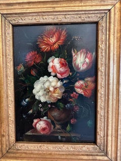 Preciosa pareja de bodegones florales vintage en marcos de madera dorada