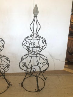 Beautiful Pair of Vintage Iron Topiaries Garden Ornaments with Stone Finials