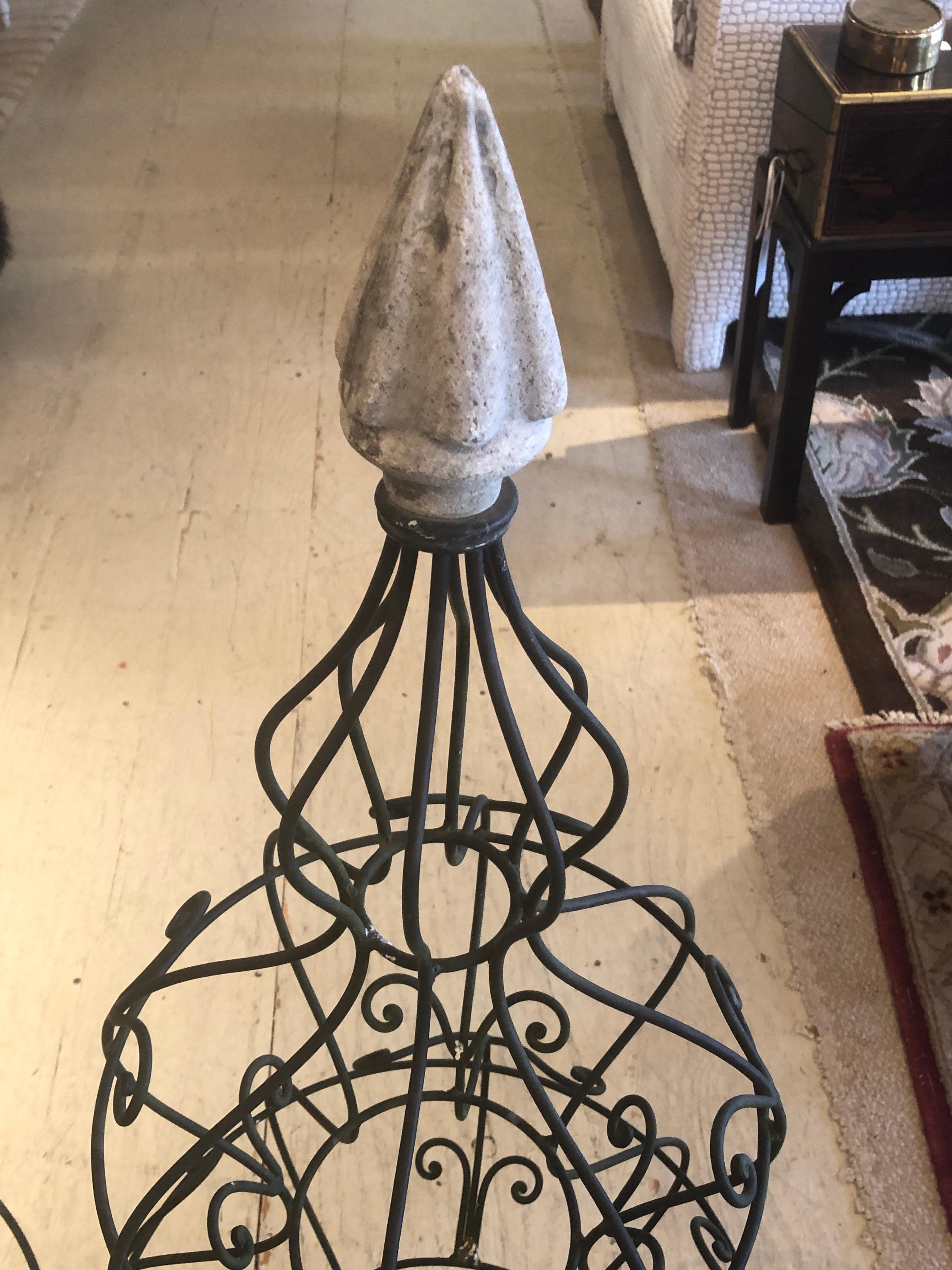 Beautiful Pair of Vintage Iron Topiaries Garden Ornaments with Stone Finials 3