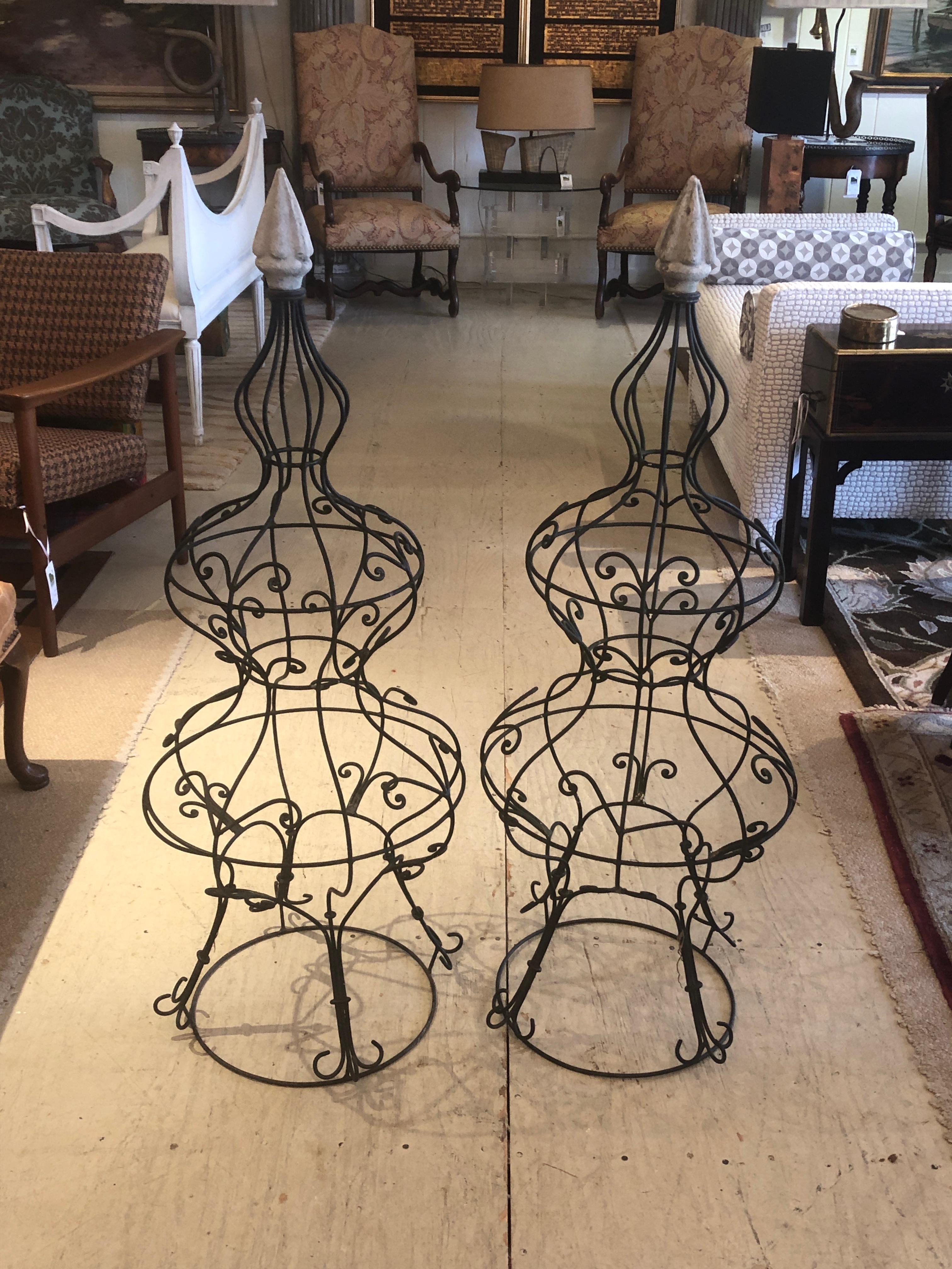 Beautiful Pair of Vintage Iron Topiaries Garden Ornaments with Stone Finials 4