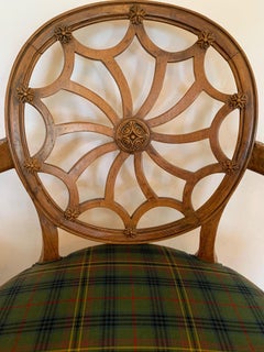 Beautiful Pair of Wagon Wheel Walnut Armchairs with Plaid Seats