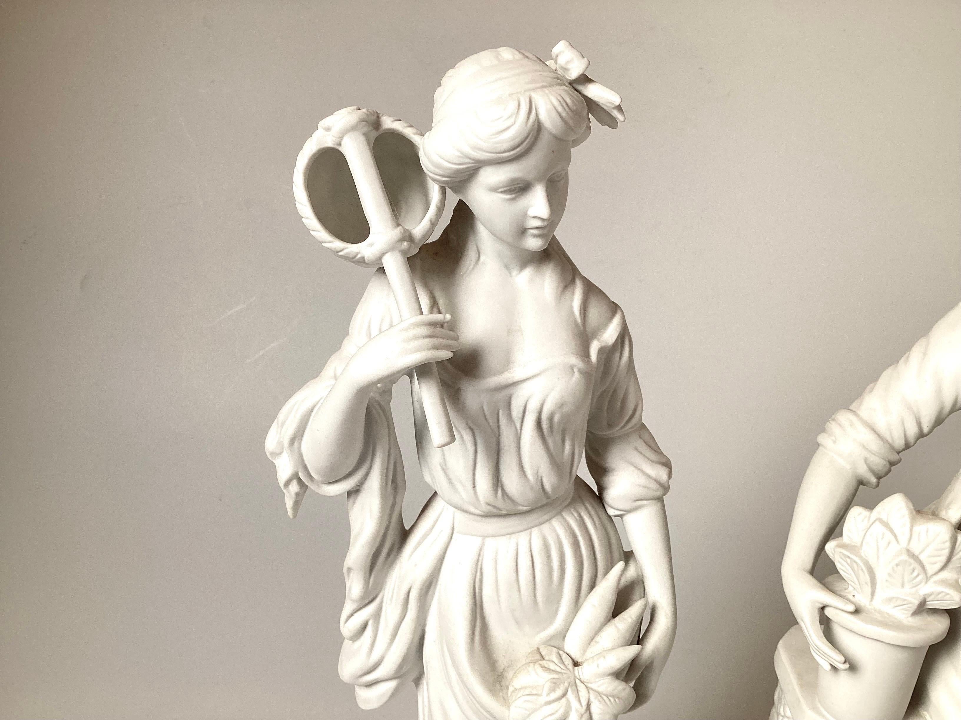 Beautiful pair of white porcelain parian figures. Measure: 15 to 15 1/4