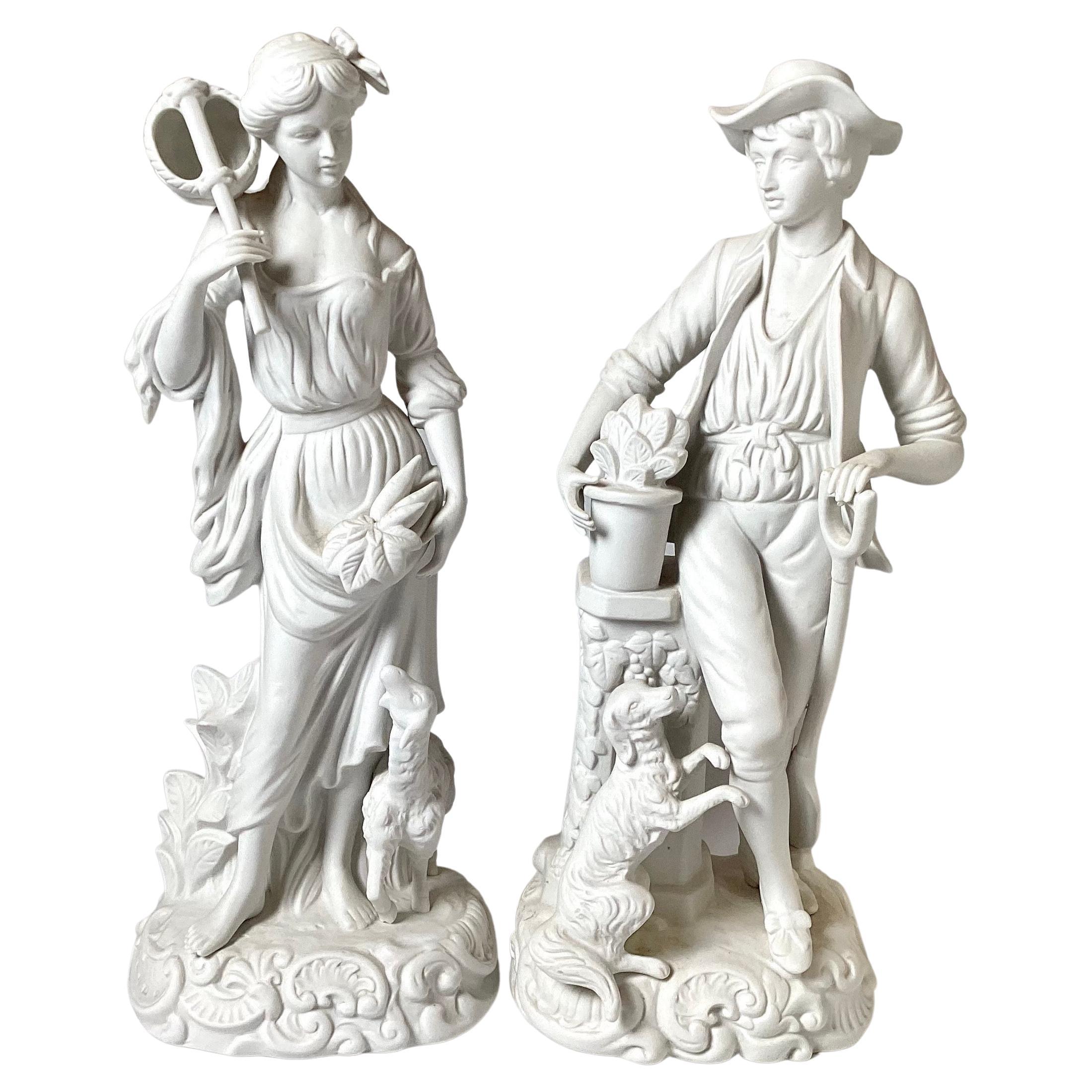 Beautiful Pair of White Porcelain Parian Figures For Sale