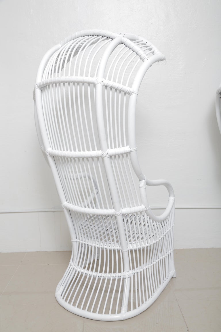 Beautiful Pair of White Vintage High Back Cane Hooded Chairs at 1stDibs