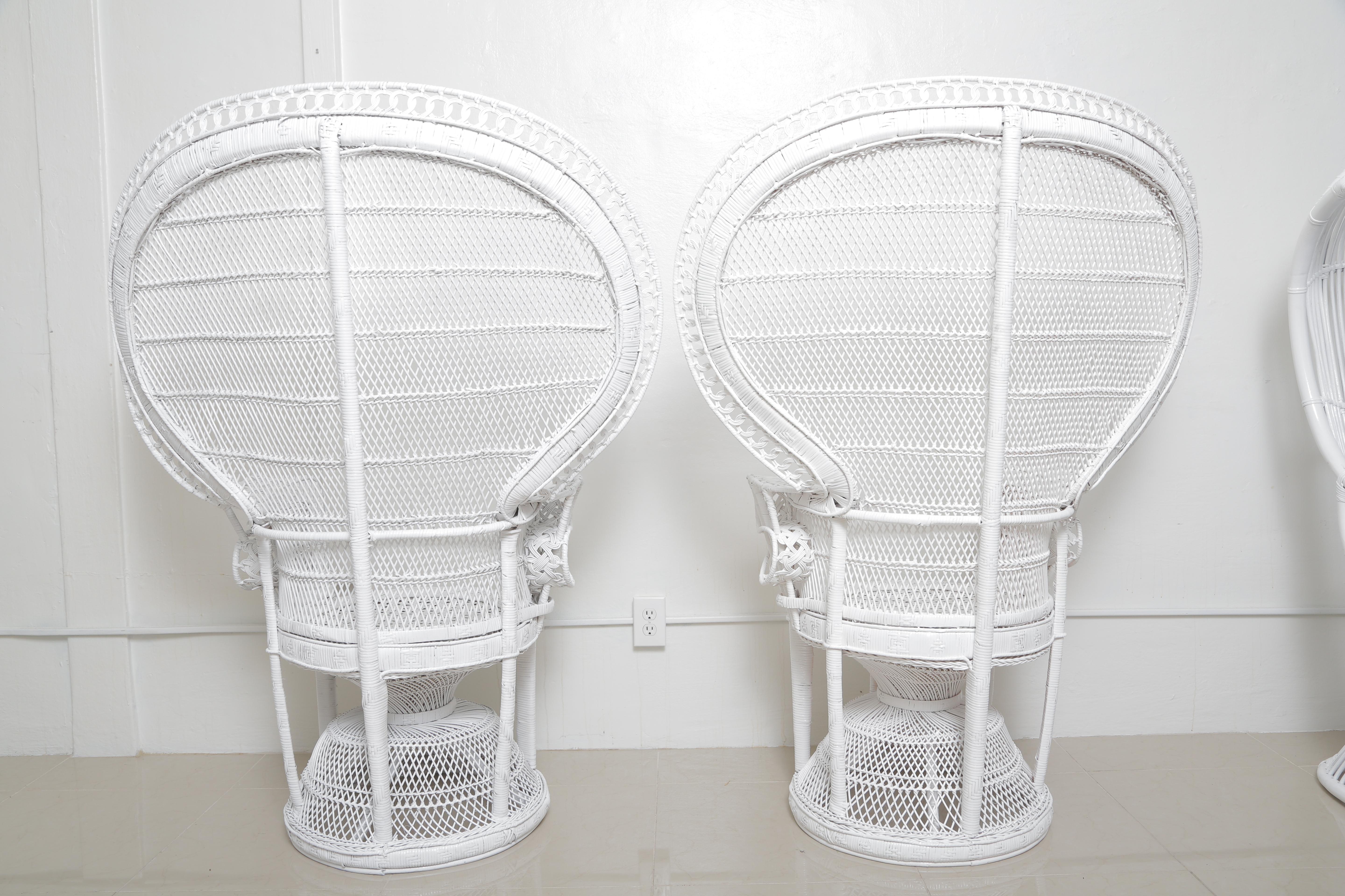 American Rare Pair of White Wicker Vintage Peacock Chairs